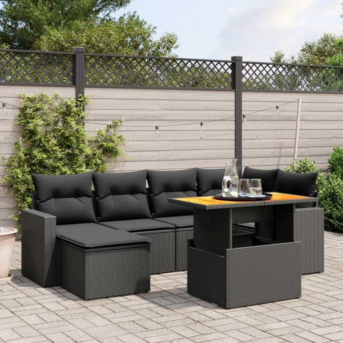 VIDAXL Salon de jardin 7 pcs avec coussins noir resine tressee
