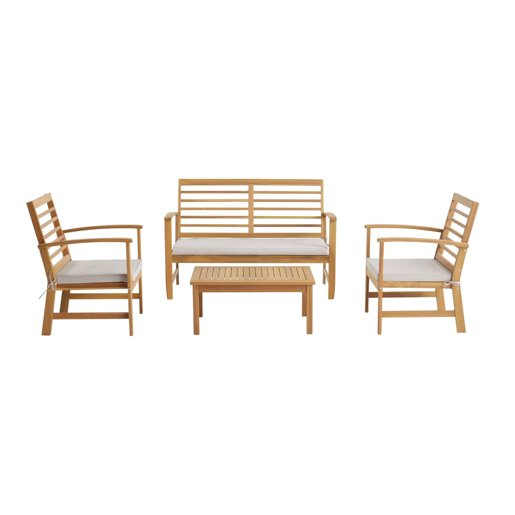 Voir la diapositive 1 : SWEEEK Salon de jardin CHLOE en bois d'acacia 4 places, avec coussins en polyester, un canapé, une table, deux fauteuils