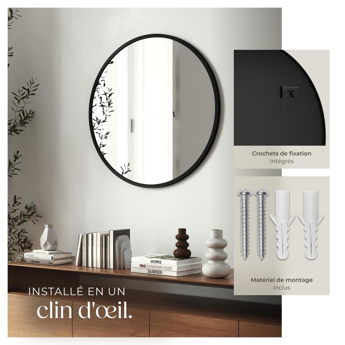 tectake Miroir mural rond Ø 60 cm noir