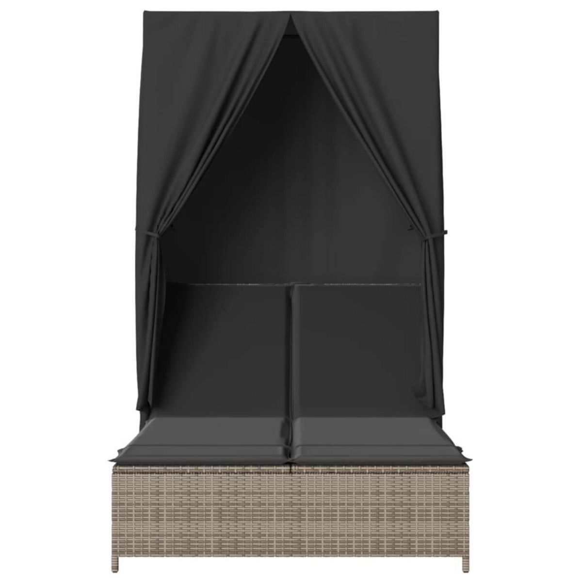 VIDAXL Chaise longue double avec toit et rideaux gris resine tressee