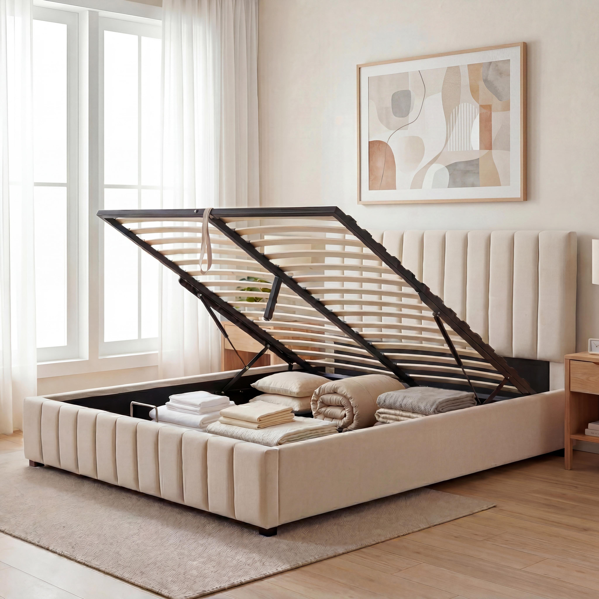 Voir la diapositive 3 : BELLECOUR Bellecour literie | lit coffre velours beige trocadero 2 places