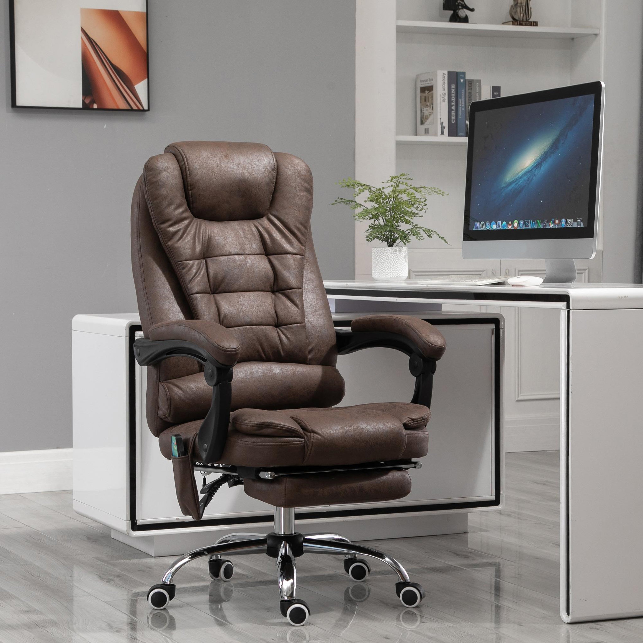 Voir la diapositive 4 : VINSETTO Fauteuil de bureau direction massant chauffant hauteur réglable dossier inclinable repose-pied rétractable tissu technique marron