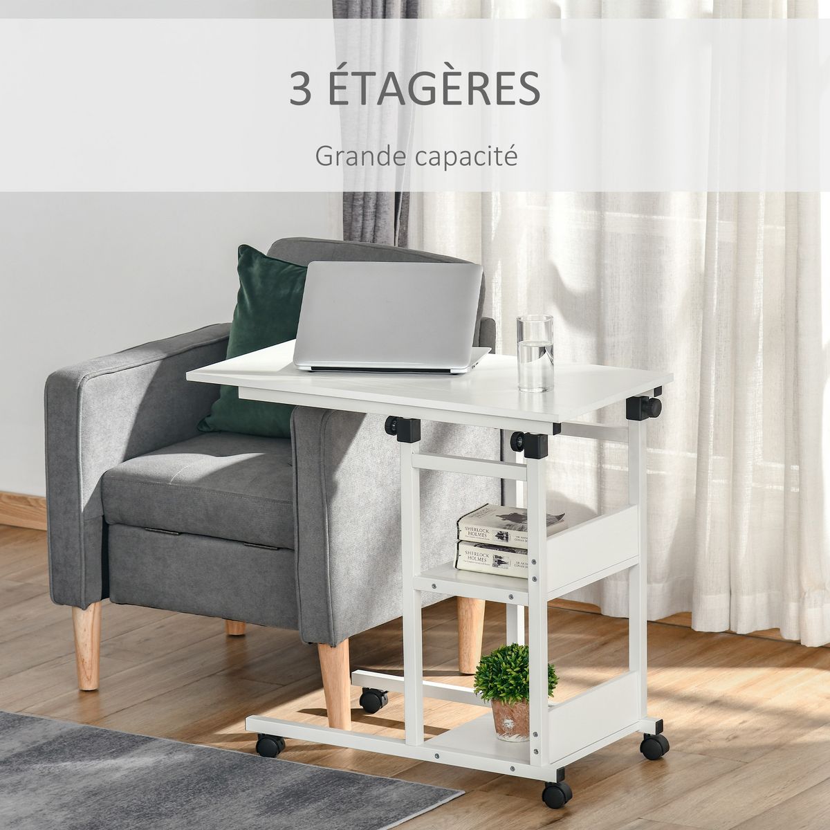 HOMCOM Table de lit/fauteuil - table roulante - hauteur réglable - 2 étagères intégrées - panneaux particules E1 aspect bois métal blanc