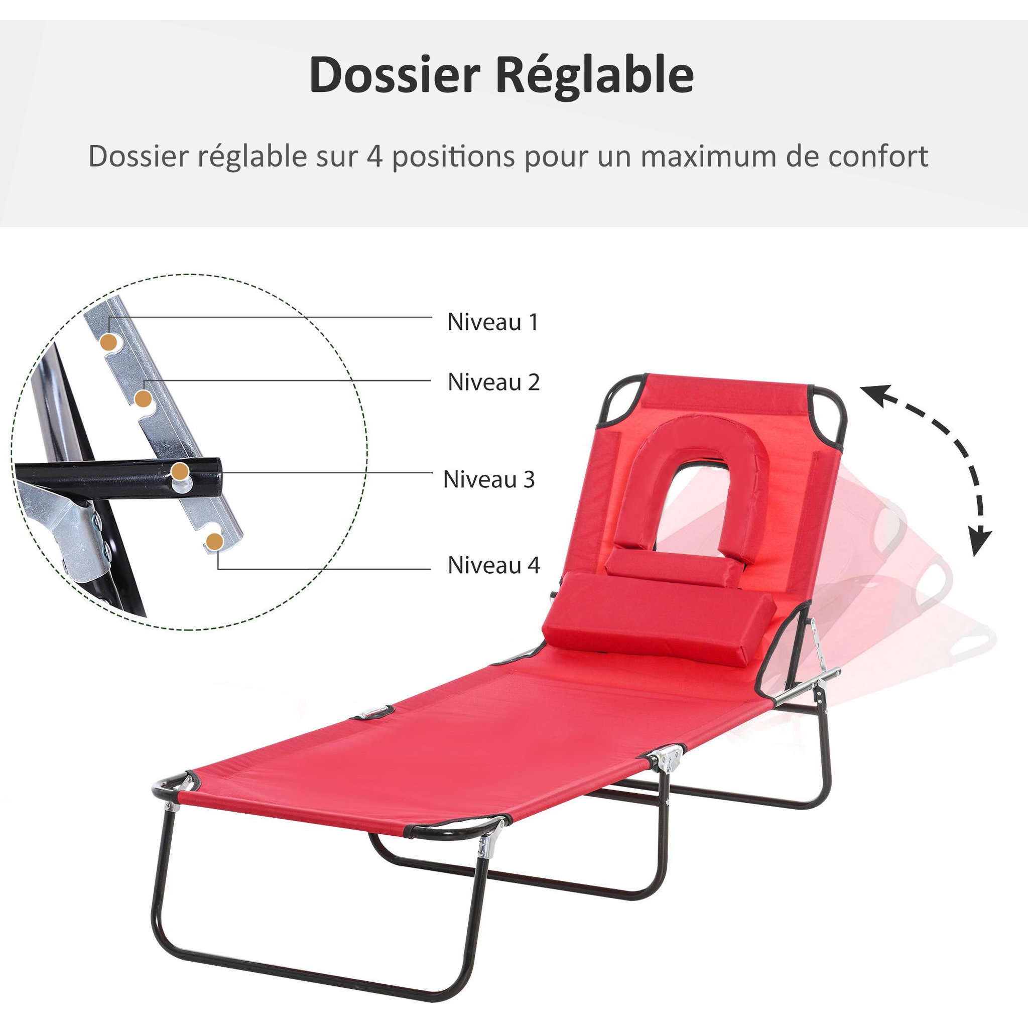 Voir la diapositive 4 : OUTSUNNY Bain de soleil pliable transat inclinable 4 positions chaise longue de lecture 3 coussins fournis rouge