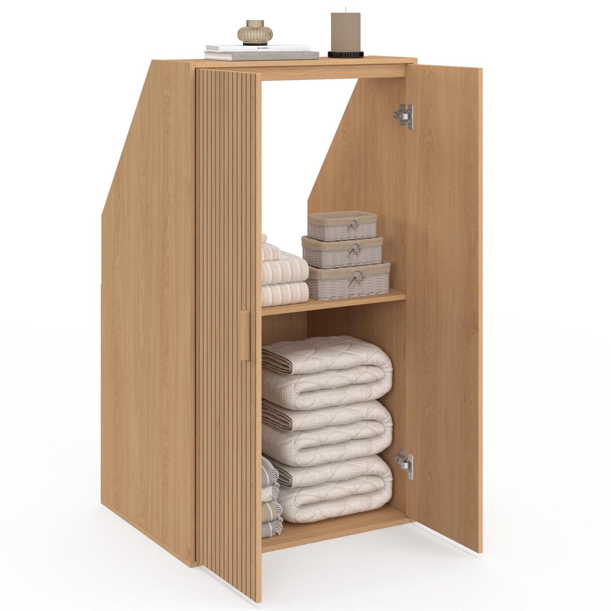 Voir la diapositive 4 : ID MARKET Armoire sous pente 2 portes juliette  60 x 50 x 70/110 cm effet lattes tasseau bois coloris chêne