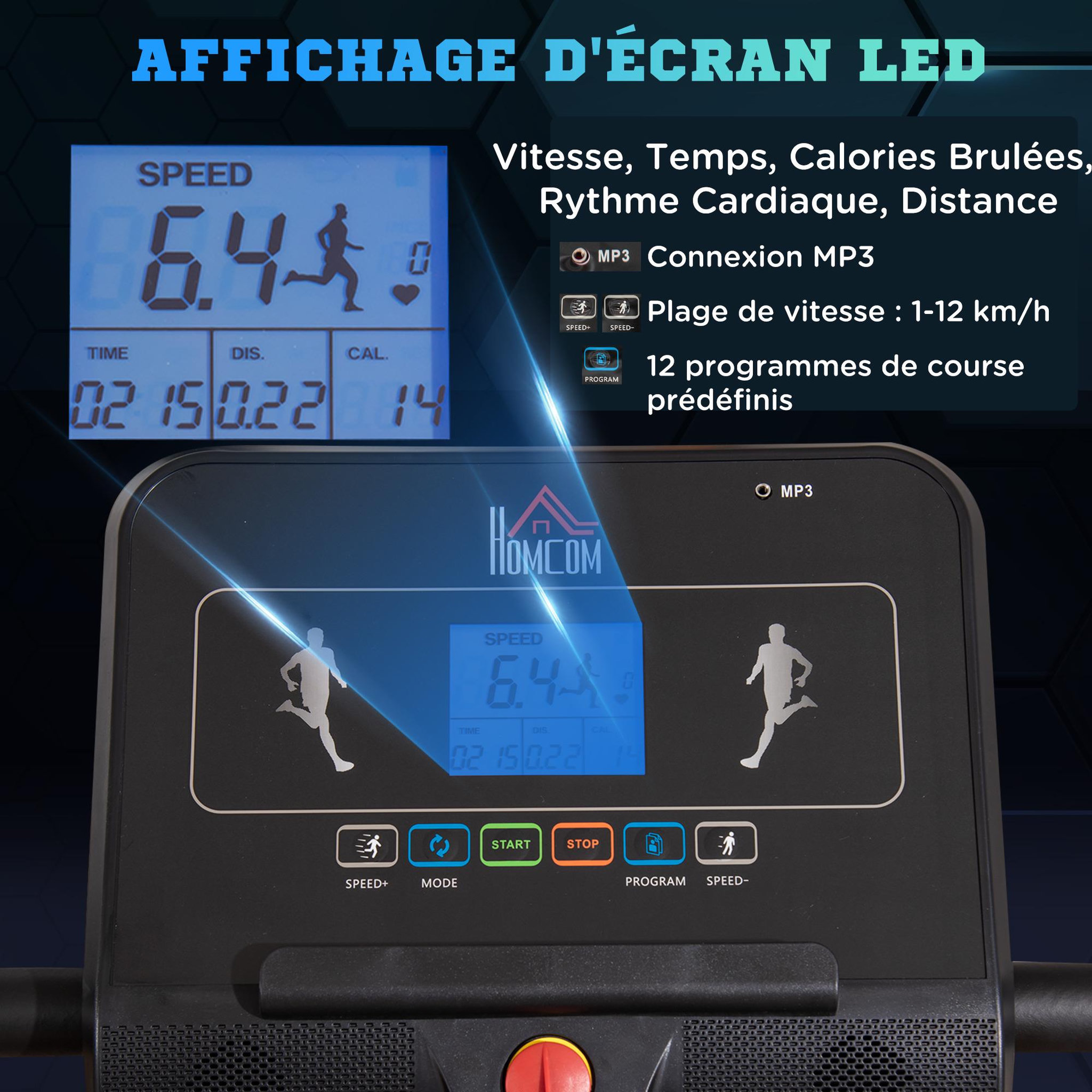 Voir la diapositive 4 : HOMCOM Tapis de course électrique pliable 1-12Km/h 400W grand écran LED multifonction 12 programmes clé sécurité acier ABS noir blanc