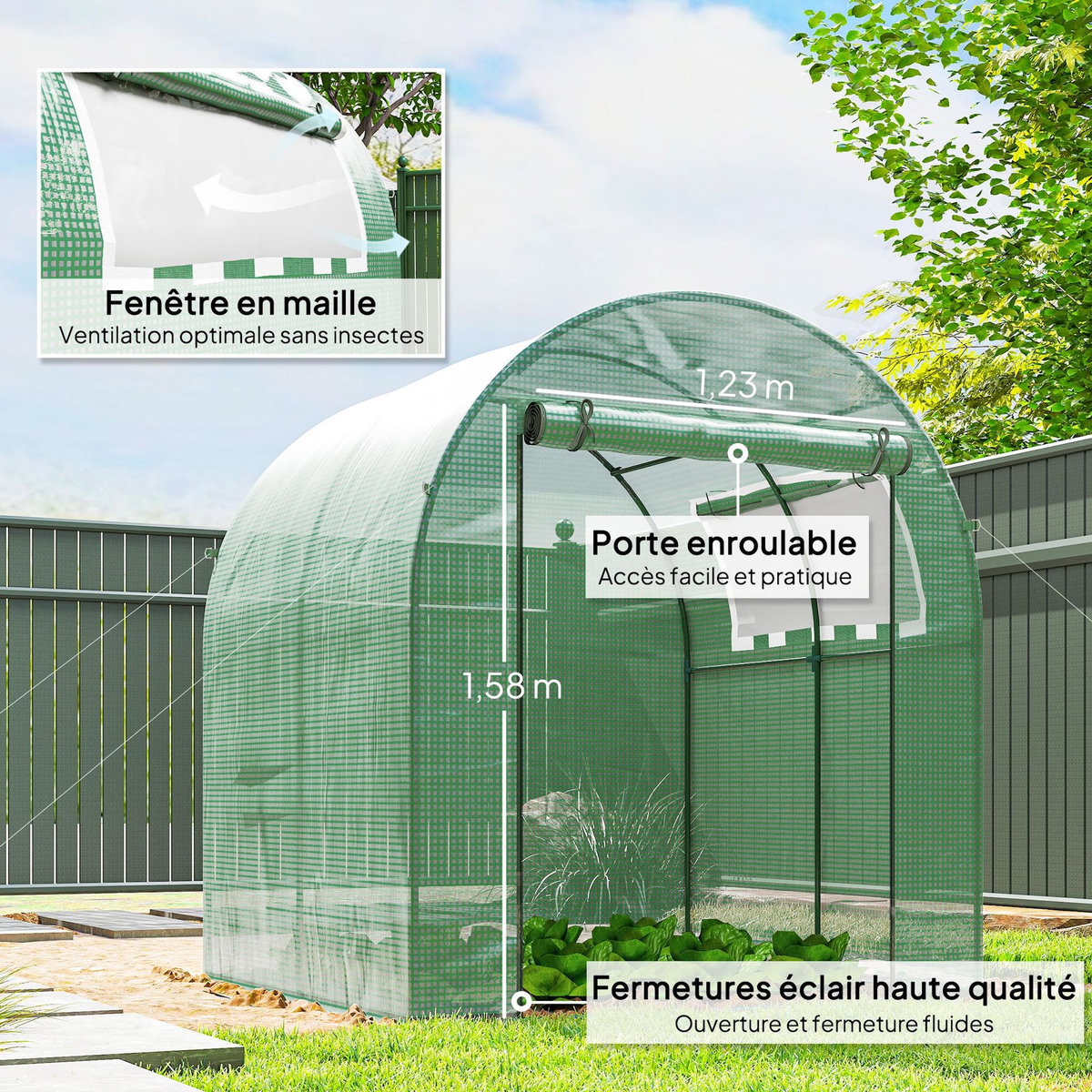OUTSUNNY Serre tunnel 3,24 m² 2 portes zippées 2 fenêtres maillées acier PE haute densité 135 g/m² vert