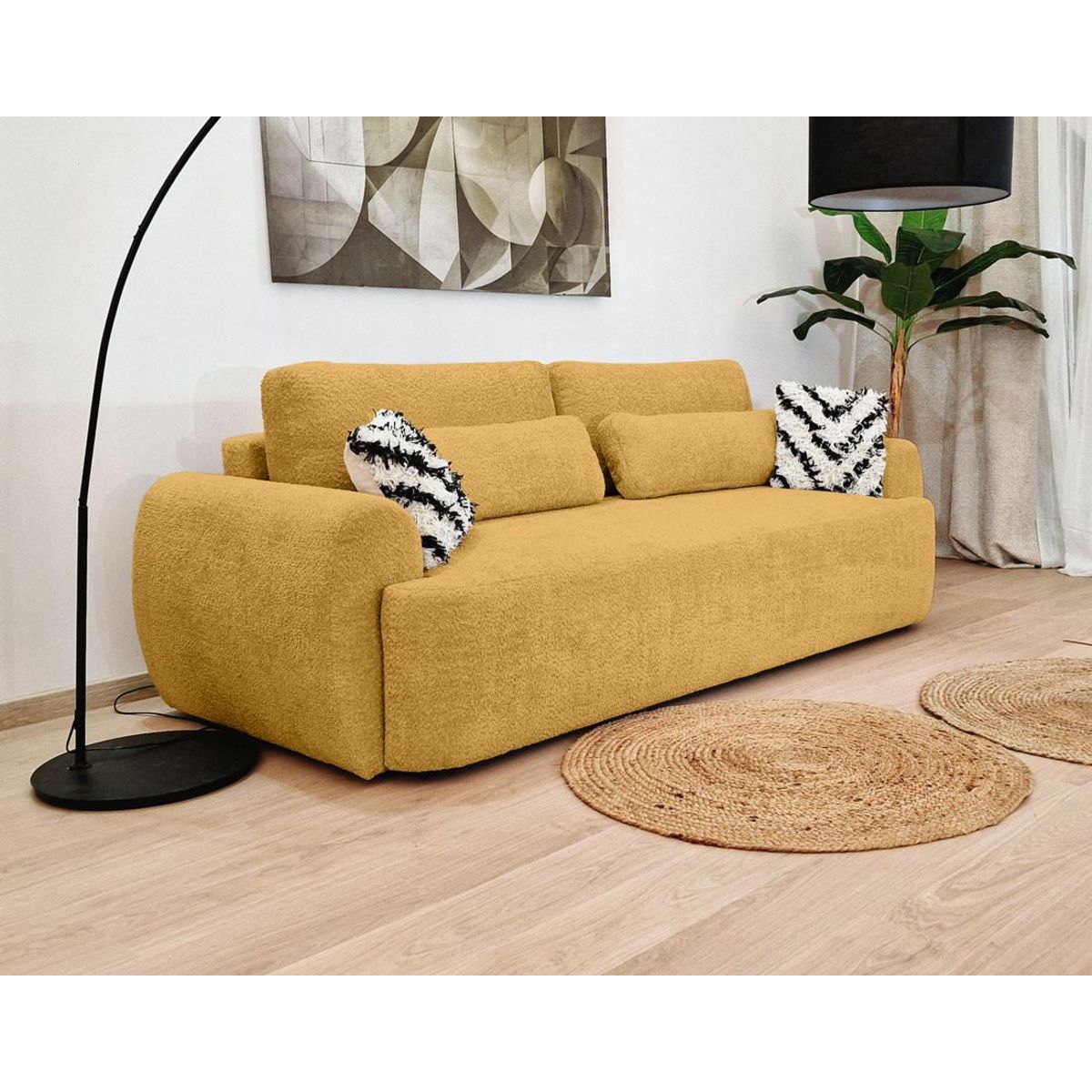 BEST MOBILIER Mahina - canapé droit 3 places - convertible avec coffre - en tissu bouclette