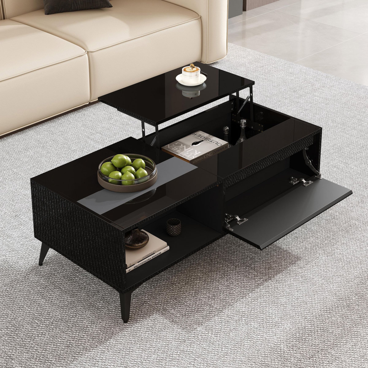 MERAX Table basse relevable rectangulaire noir - 50x110 cm panneau de particules
