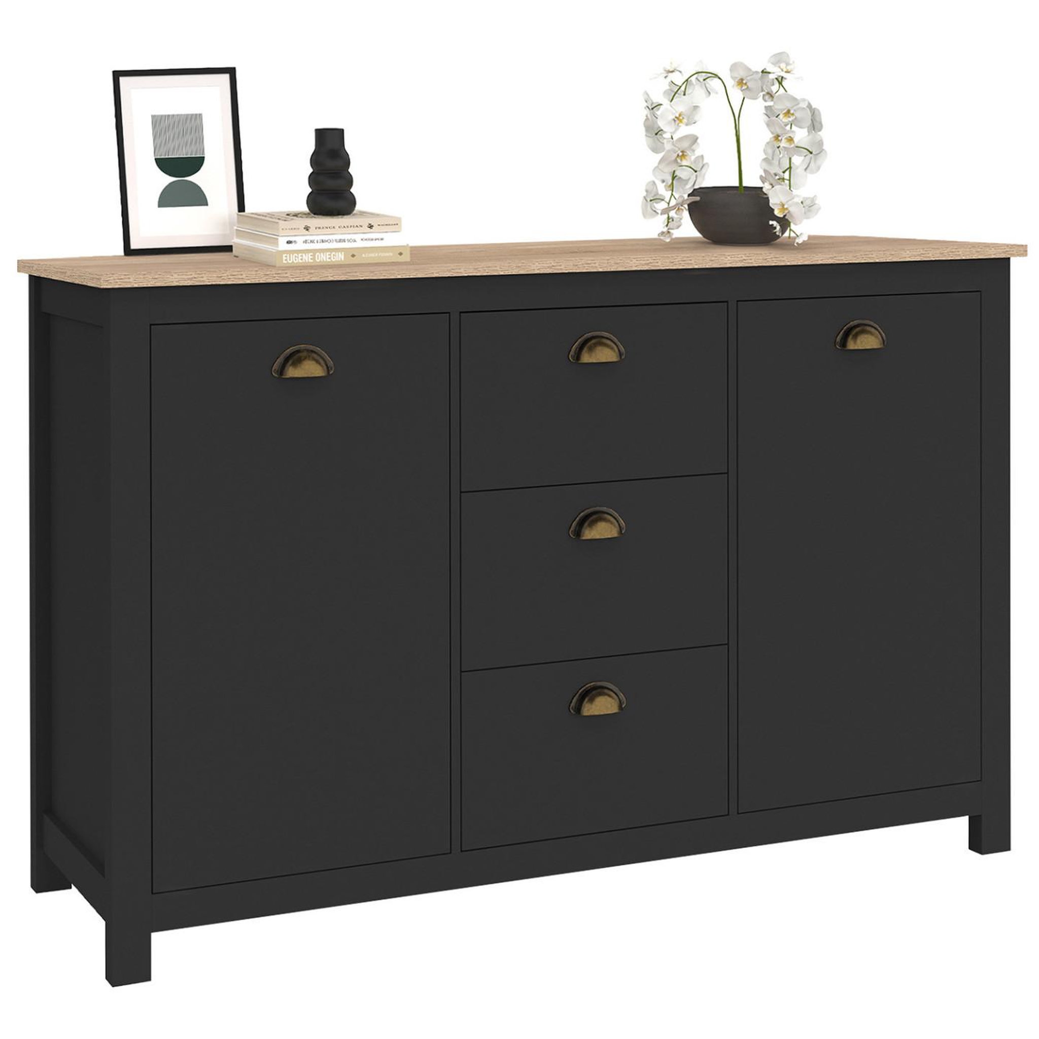 Voir la diapositive 1 : ID MARKET Buffet 130 cm ISIS campagne 2 portes et 3 tiroirs bois et noir