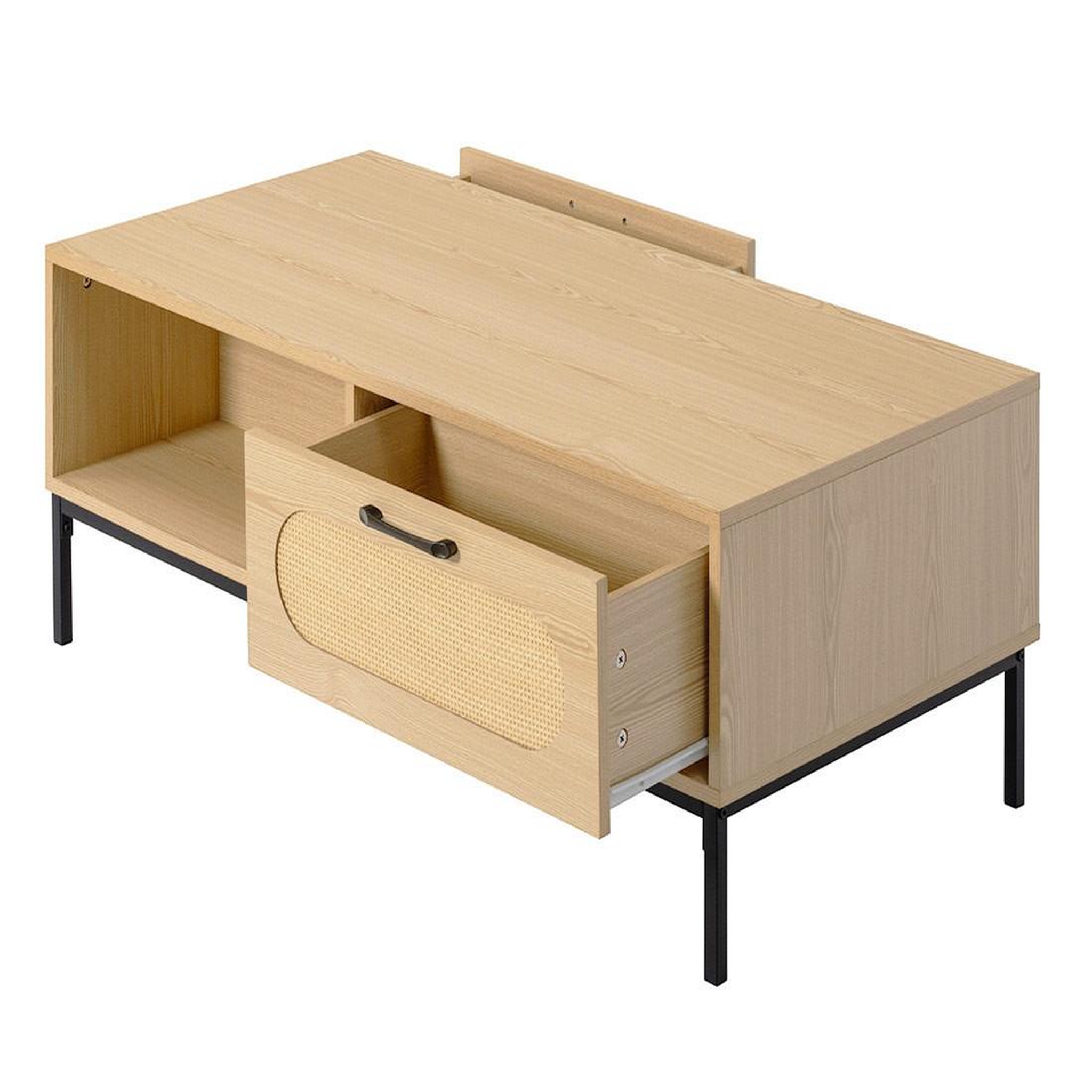 Voir la diapositive 4 : BEST MOBILIER Nagato - table basse - cannage et effet bois - 1 tiroir et 1 niche - 110 cm