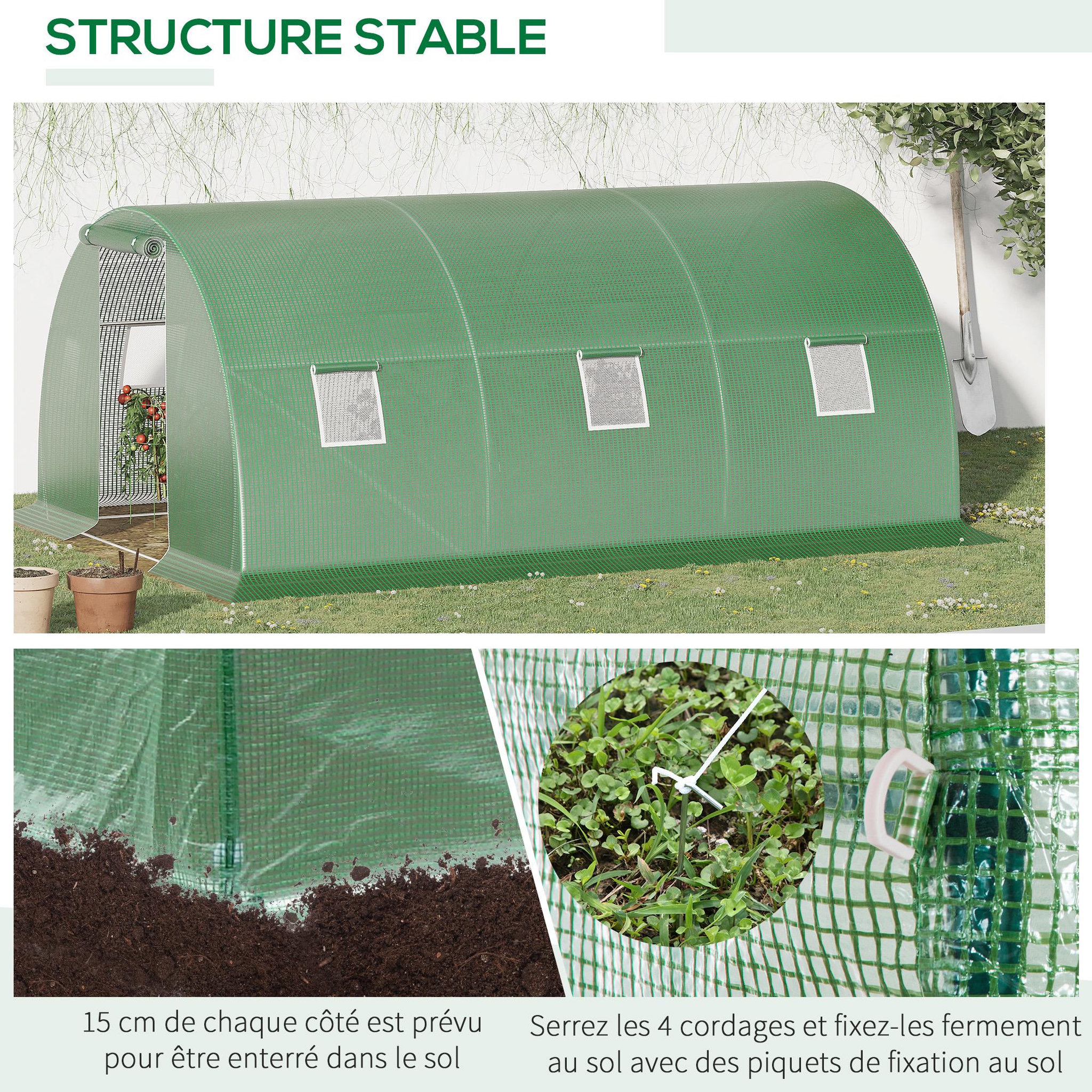 Voir la diapositive 6 : OUTSUNNY Serre tunnel 13,5 m² dim. 4,5 x 3 x 2 m - 6 fenêtres, porte zippée enroulable - acier galvanisé pe haute densité vert