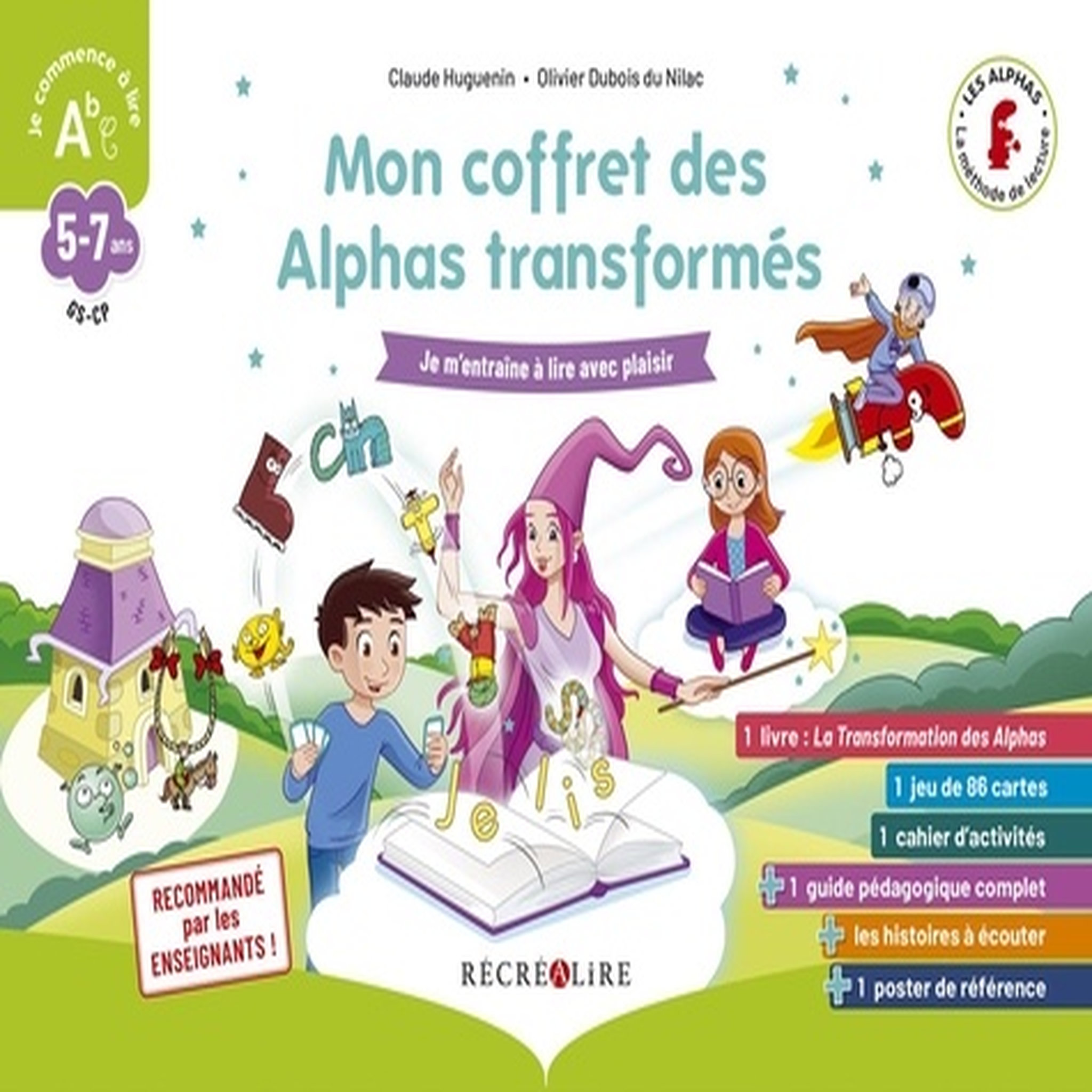  MON COFFRET DES ALPHAS TRANSFORMES. JE M'ENTRAINE A LIRE AVEC PLAISIR. CONTIENT : 1 LIVRE, 1 JEU DE 86 CARTES, 1 CAHIER D'ACTIVITES, 1 GUIDE PEDAGOGIQUE, 1 POSTER, DES HISTOIRES A ECOUTER, Huguenin Claude