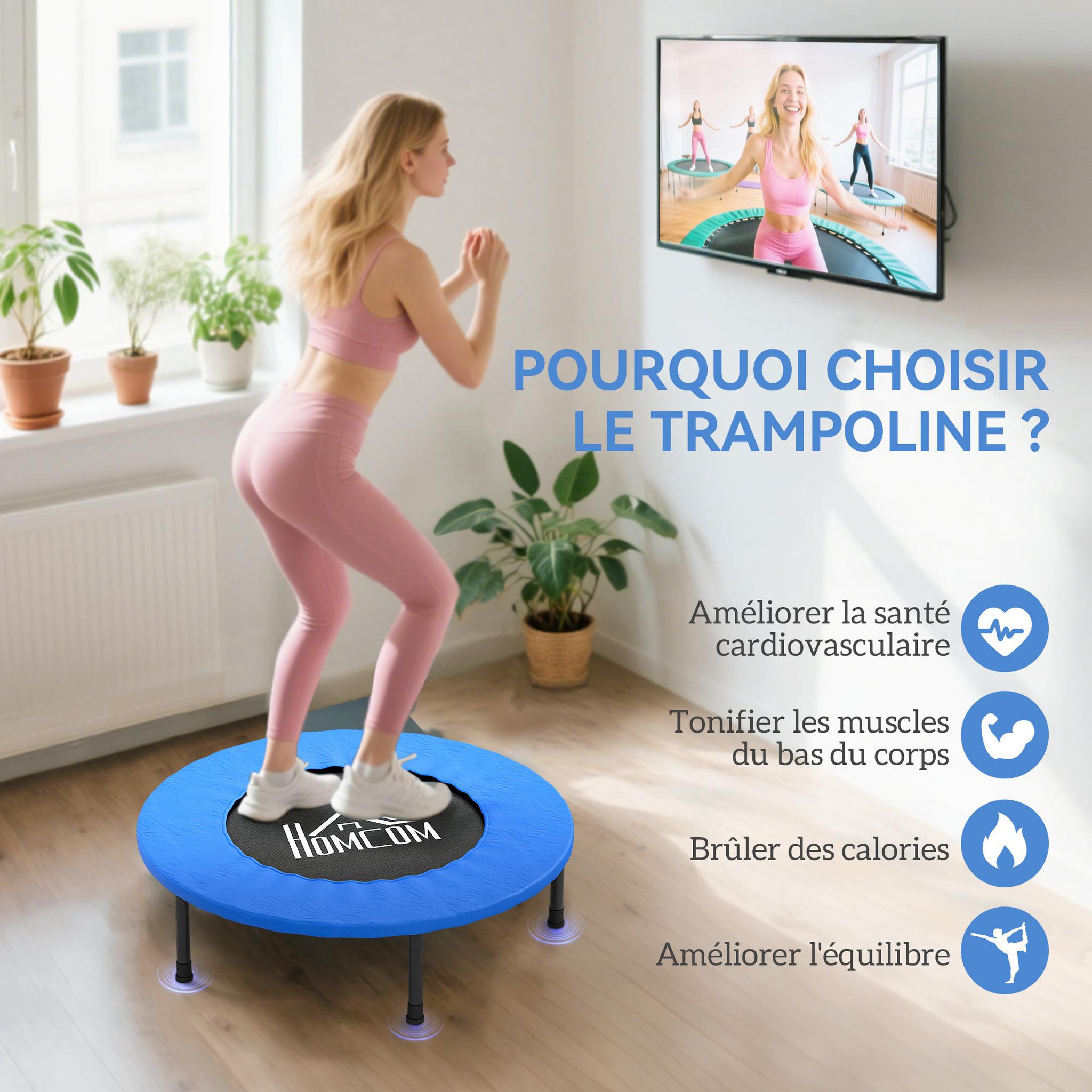 Voir la diapositive 5 : HOMCOM Mini trampoline de Fitness dia. 81cm max. 100Kg couvre-ressort pieds antidérapants noir bleu