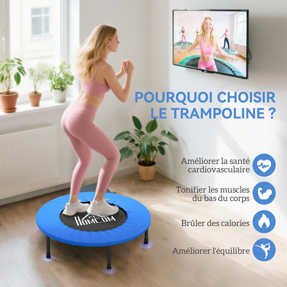 HOMCOM Mini trampoline de Fitness dia. 81cm max. 100Kg couvre-ressort pieds antidérapants noir bleu