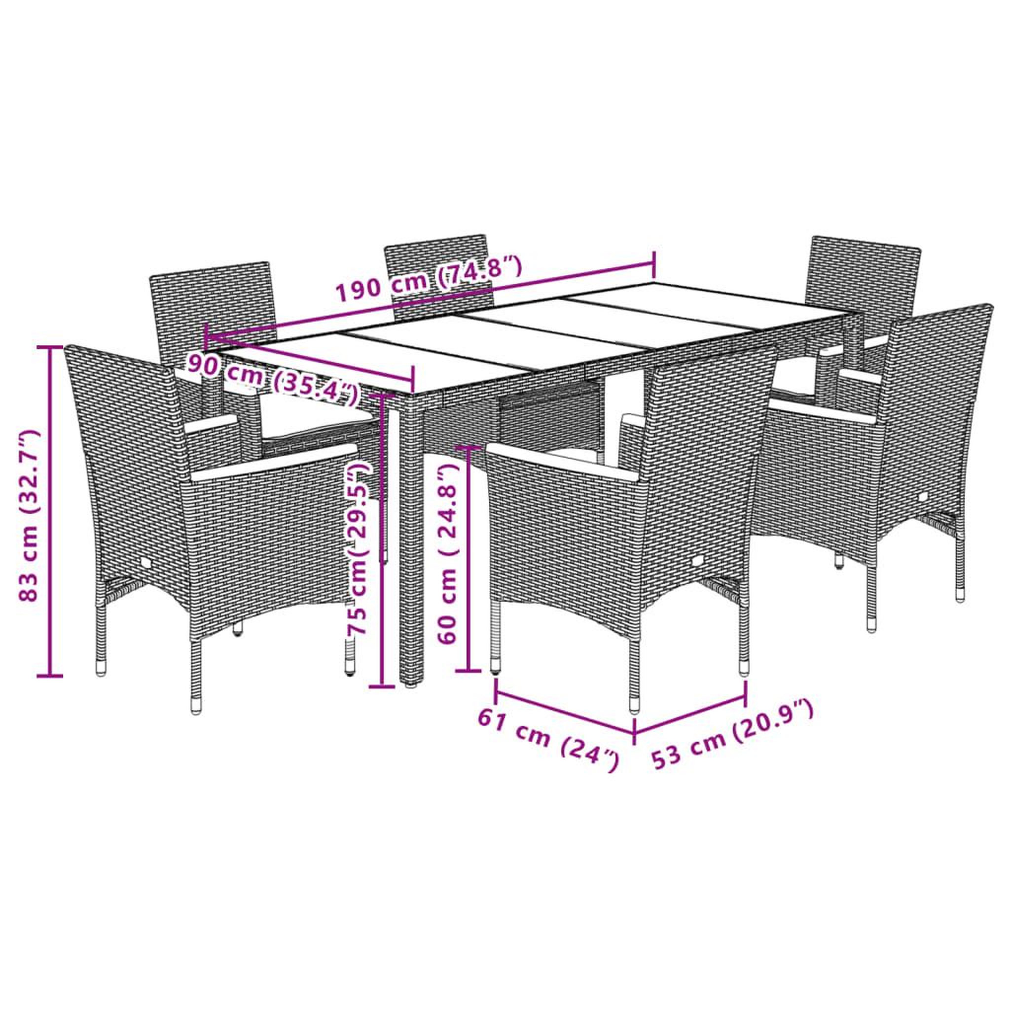 Voir la diapositive 6 : VIDAXL Ensemble a manger de jardin et coussins 7pcs noir rotin acacia