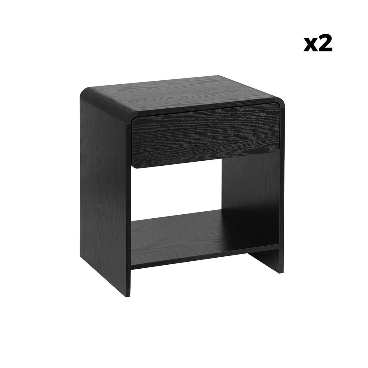 SWEEEK Lot de 2 tables de chevet contemporaines noires au design arrondi. avec 1 tiroir et 1 étagère pratique