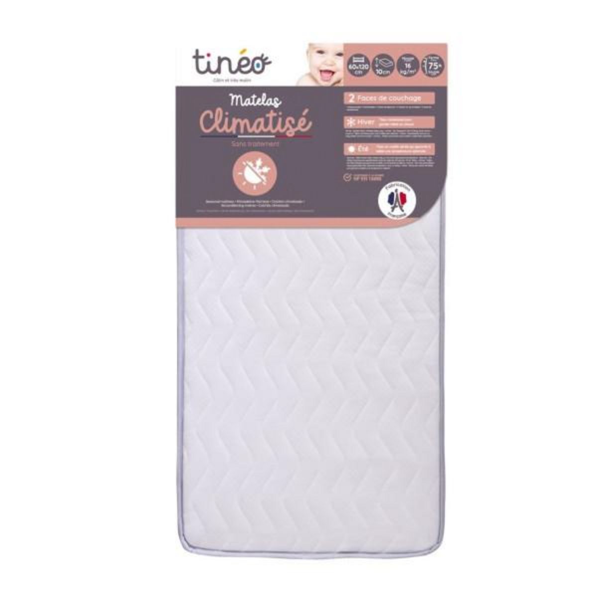 TINEO Matelas Climatisé TINEO 60x120x10cm - Matelas Bébé - Climatisé - 1 Face Été - 1 Face Hiver - Sans Traitement - Fabriqué E