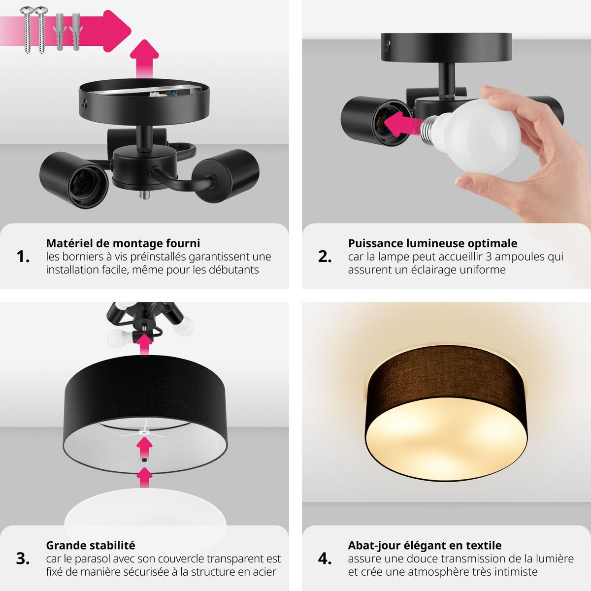 tectake Plafonnier structure en acier noir