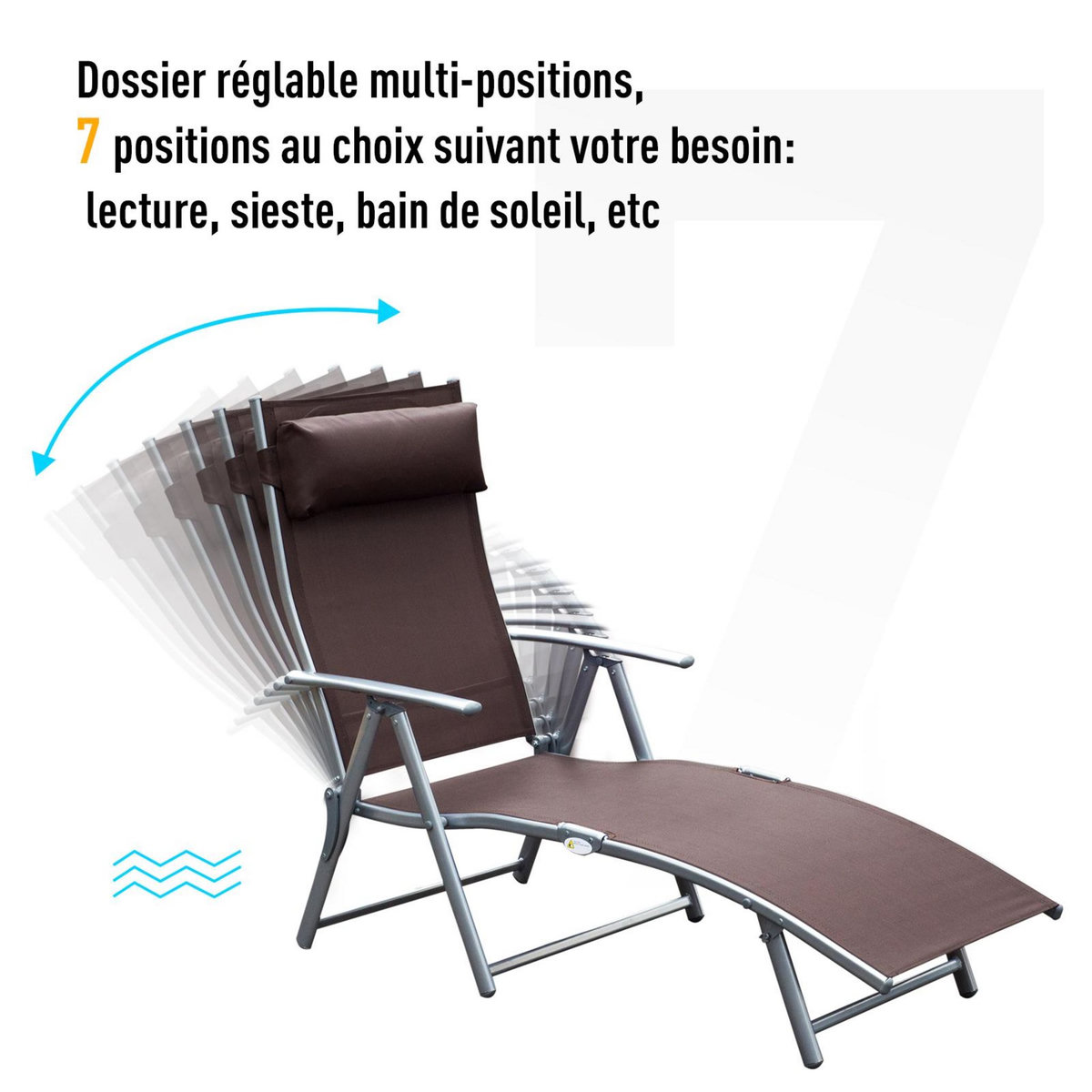 OUTSUNNY Outsunny transat chaise longue bain de soleil pliable dossier inclinable multi-positions têtière fournie 137L x 64l x 101H cm métal époxy textilène marron