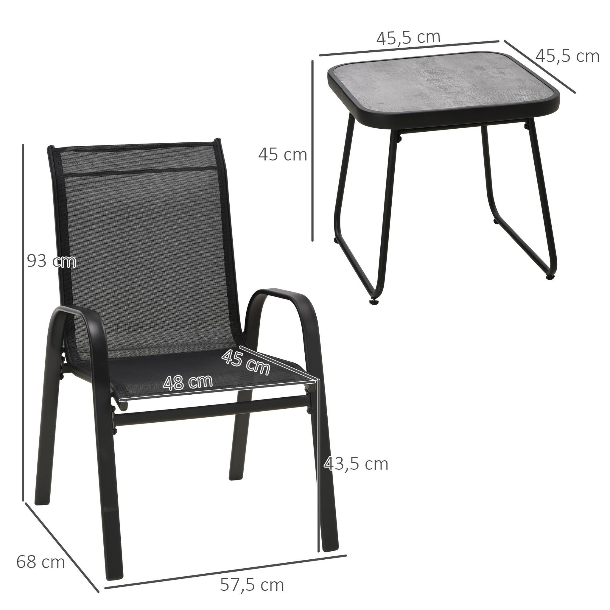 Voir la diapositive 3 : OUTSUNNY Salon de jardin bistro 2 personnes 3 pièces - plateau effet béton ciré acier époxy textilène noir