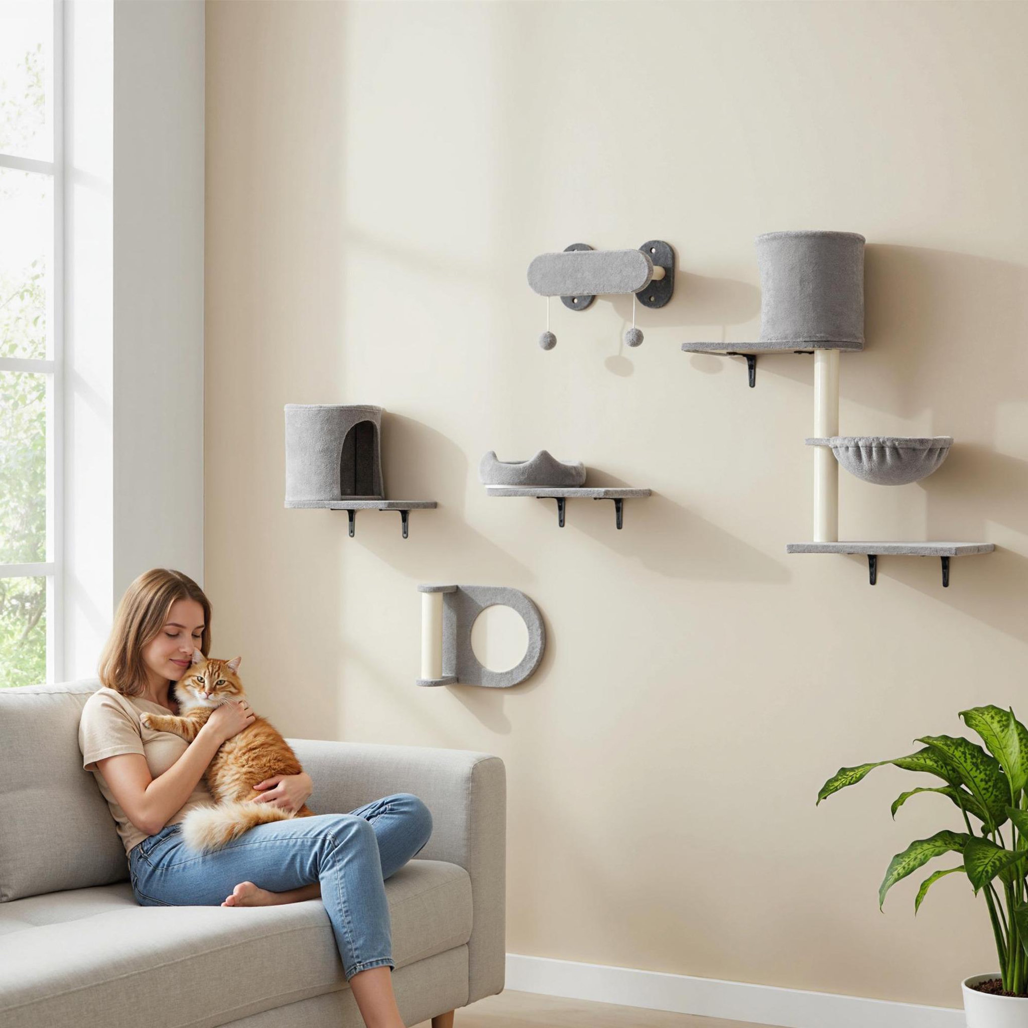 Voir la diapositive 2 : PAWHUT Arbre à chat design mural - parcours mural en bois pour chat 5 pièces variées - crème gris