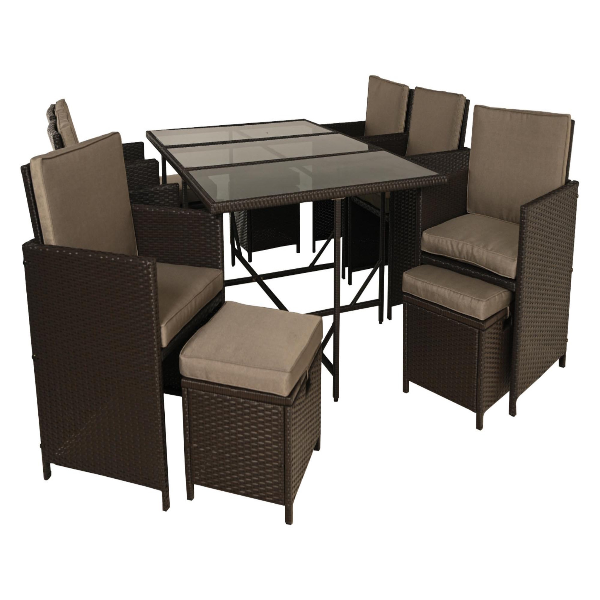 Voir la diapositive 3 : BEST MOBILIER Tao - salon de jardin encastrable 10 places - résine tressée marron - coussins taupe - plateau en verre + housse de protection