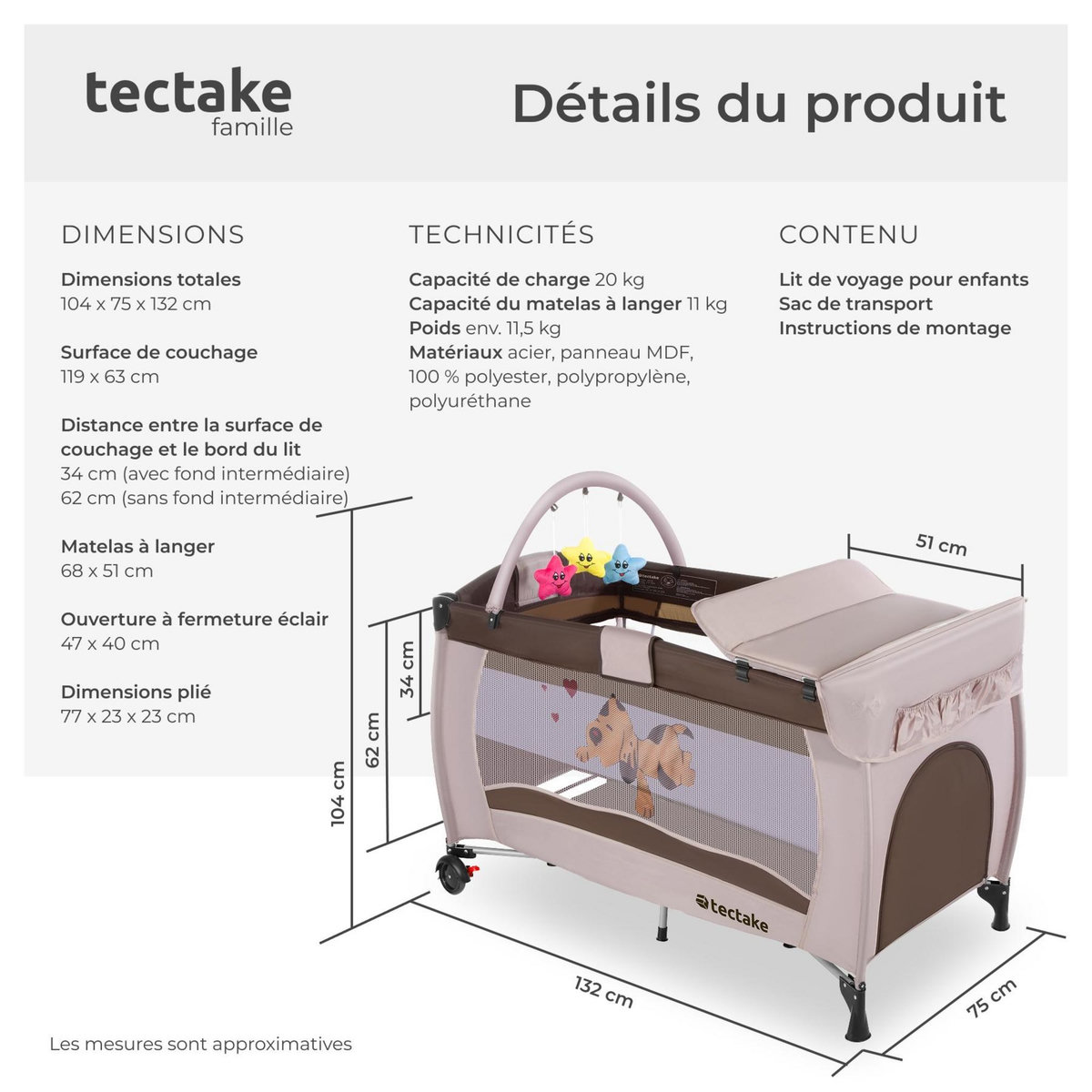 tectake Lit de voyage pour enfants peu encombrant pliable et réglable en hauteur marron