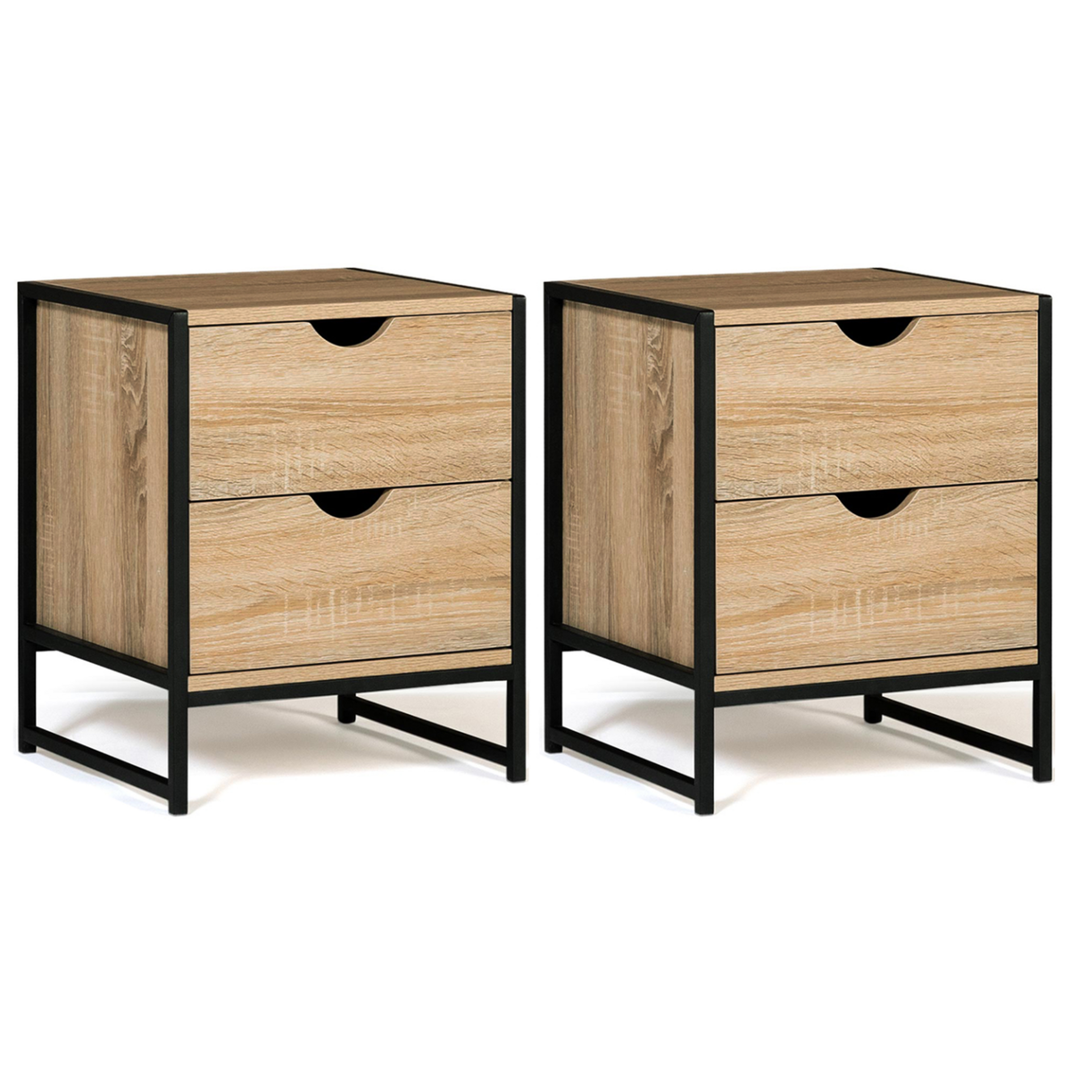 ID MARKET Lot de 2 tables de chevet DETROIT 2 tiroirs bois et métal noir design industriel