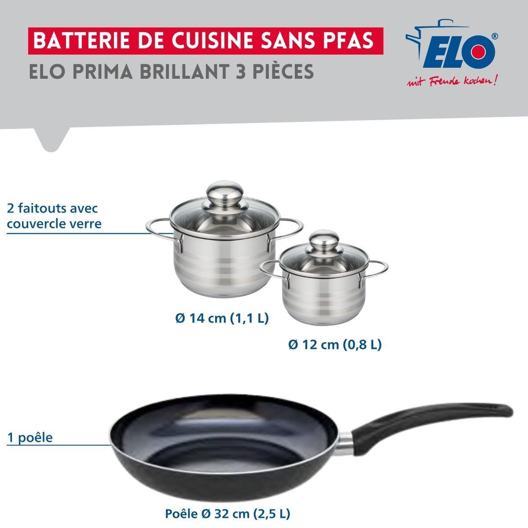 Voir la diapositive 2 : ELO Ensemble de 1 poêle de cuisson 32 cm et 2 faitouts 12 et 14 cm elo prima brillant