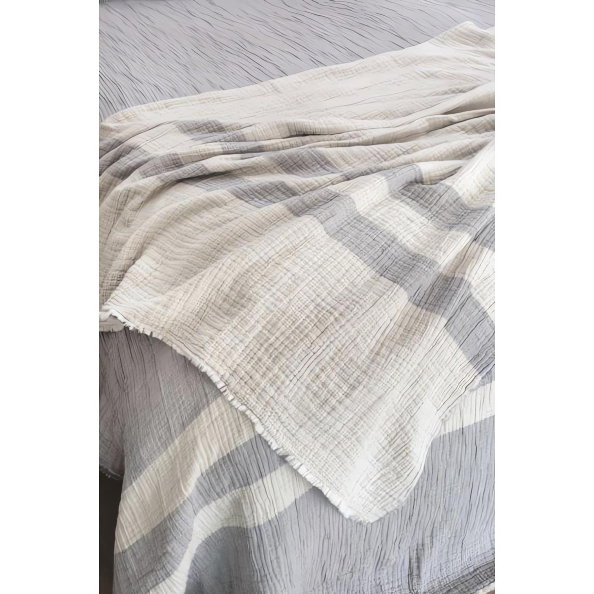Voir la diapositive 2 : Toison d'or Jeté de lit 230x250 cm en coton gaufré pienza naturel et eau de bleu, par toison d'or