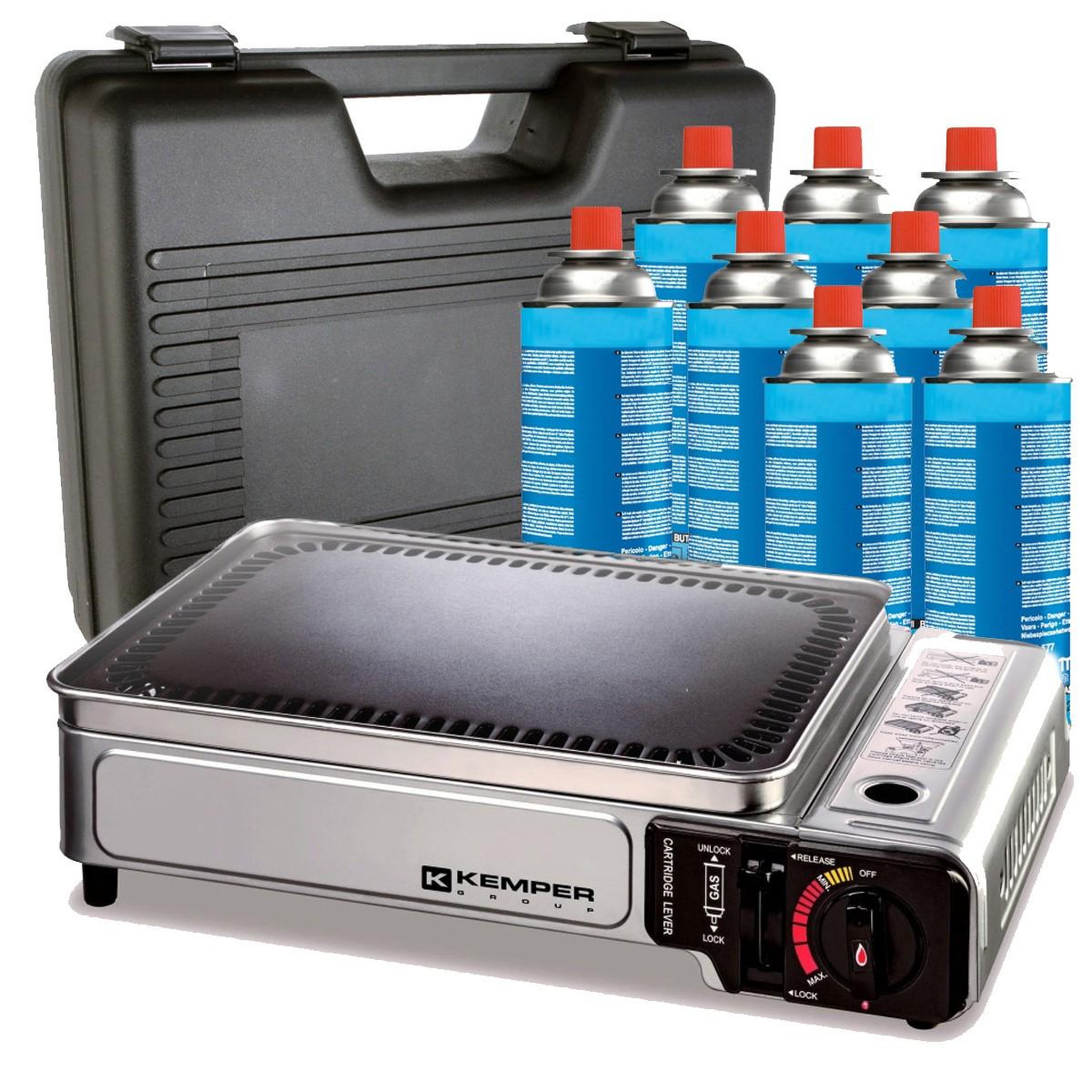 Kemper Plancha à gaz portable 2300W + 8 cartouches de gaz + Valise de transport KEMPER