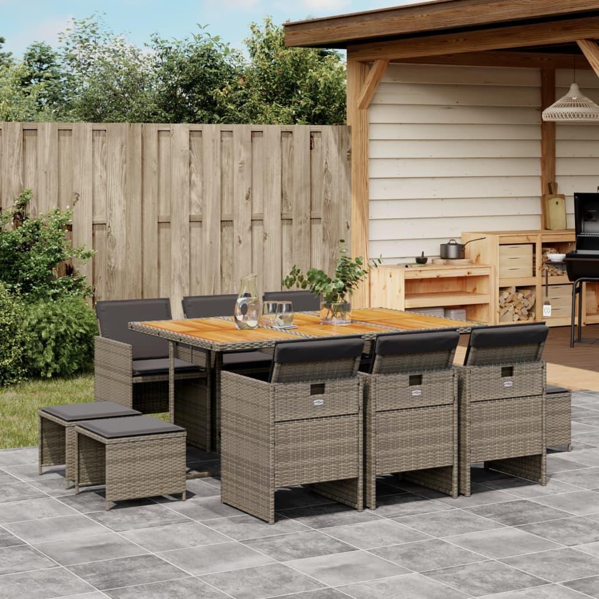 VIDAXL Ensemble a manger de jardin 11pcs avec coussins gris poly rotin