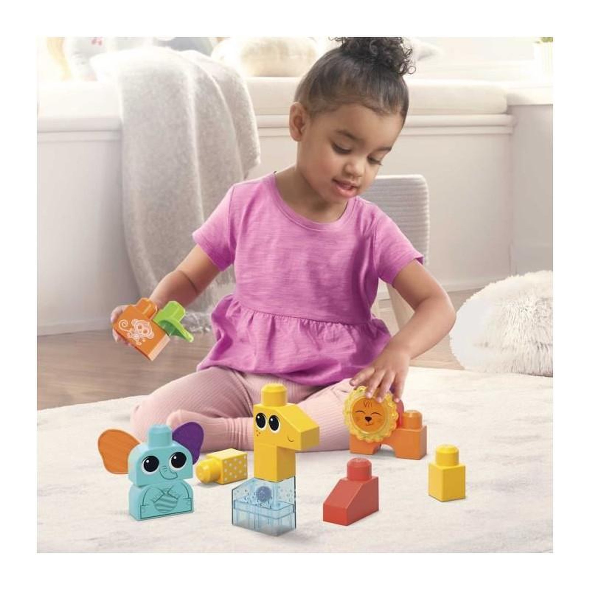 Voir la diapositive 3 : MEGA BLOKS Jeu de construction SAFARI DES SENS MEGABLOKS - Girafe clochette, lion billes et éléphant oreille souple
