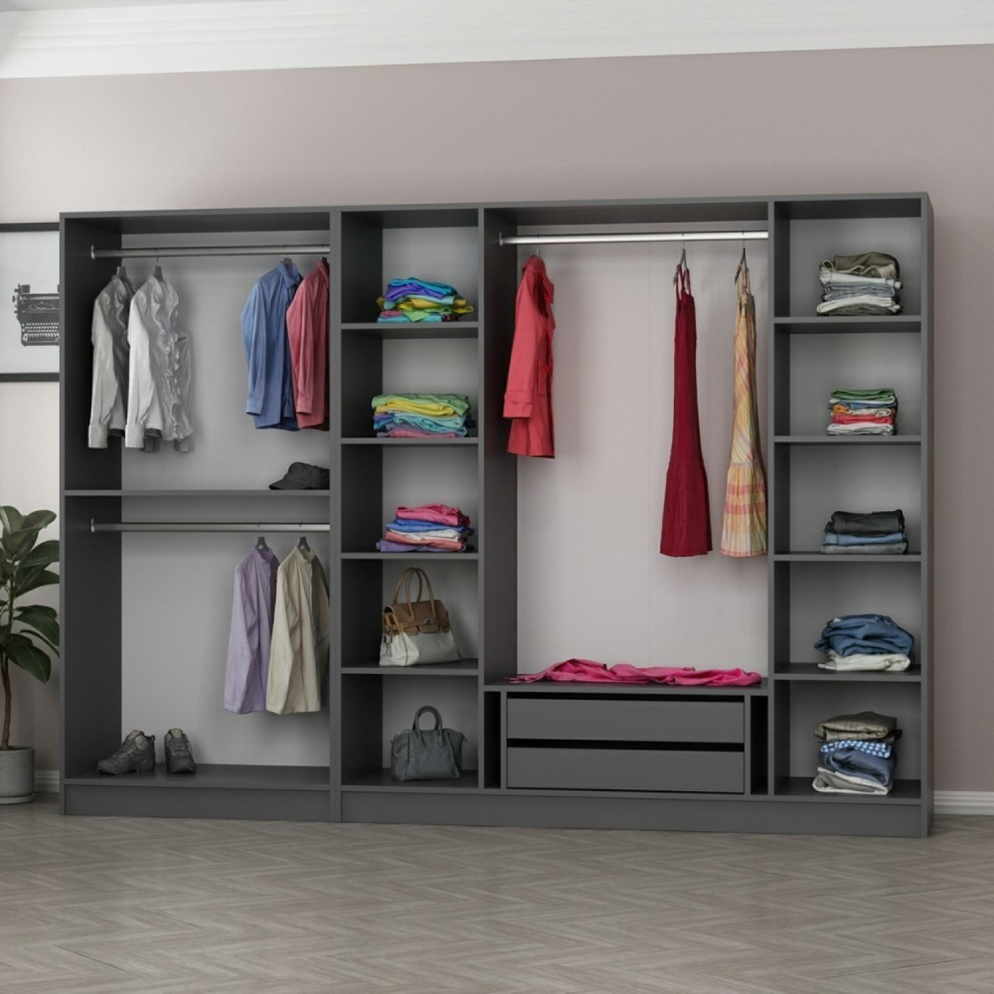 Voir la diapositive 4 : CONCEPT USINE Dressing avec étagères et penderie - 15 espaces de stockage - 270 x 210 x 52 cm opera