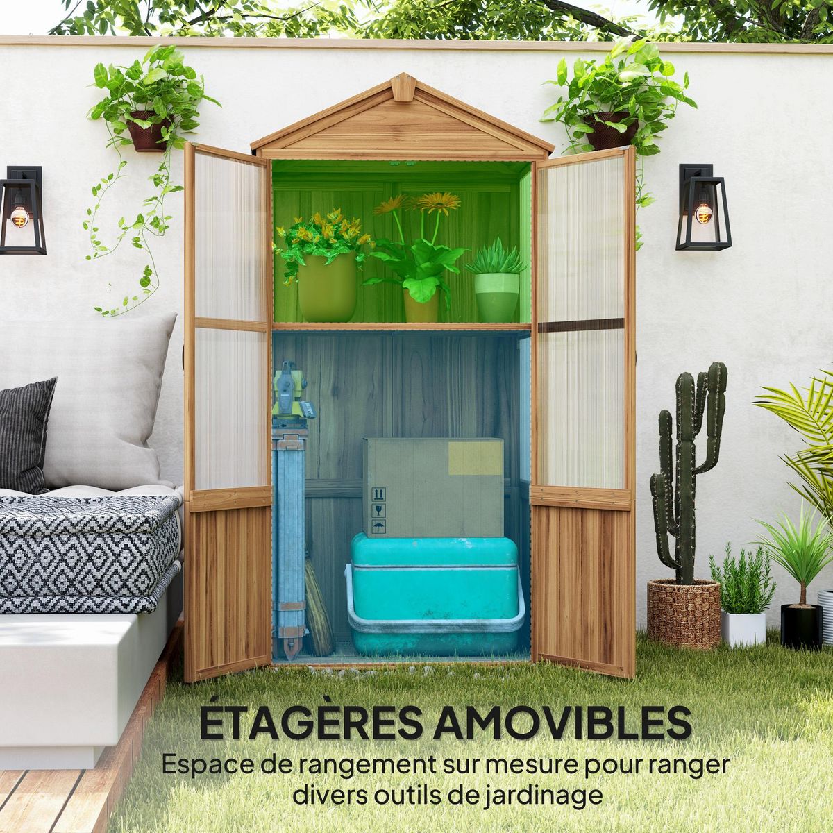 OUTSUNNY Armoire de jardin en bois - 2 portes, 2 étagères, toit bitumé - dim. 94 x 55 x 178 cm - sapin pré-huilé polycarbonate