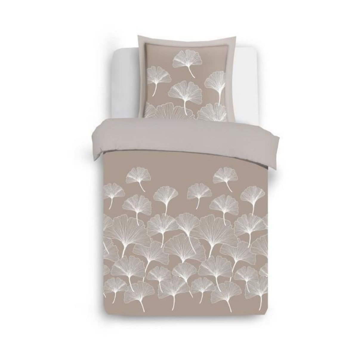 VISION Parure Housse de couette - VISION - Ginko - Parure réversible - 140 x 200 cm - 1 taie assortie 65 x 65 cm - Beige - 100% coton