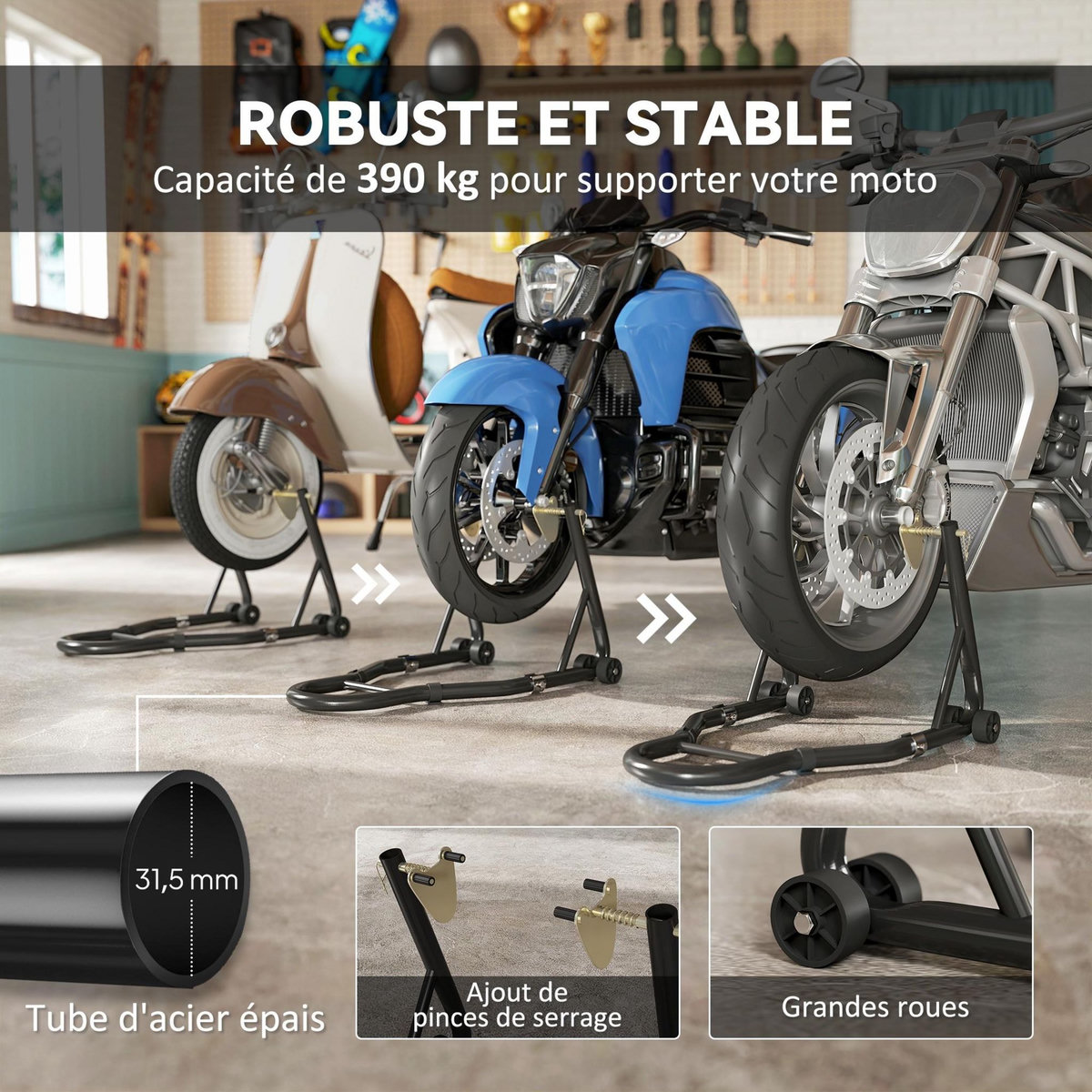 HOMCOM Béquille avant et béquille arrière - béquille d'atelier charge max. totale 390 Kg - acier noir