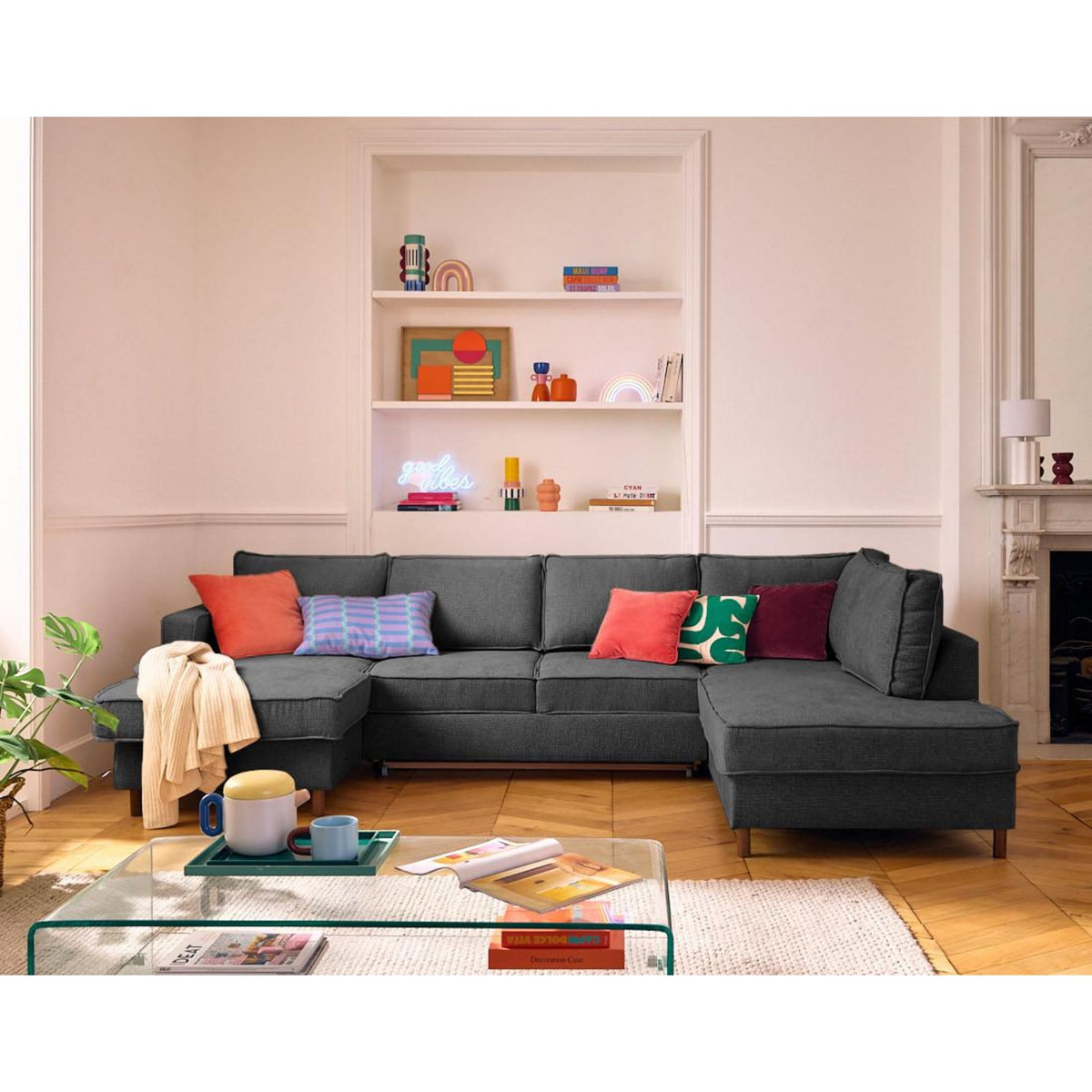 LISA DESIGN Jake - canapé panoramique d'angle droit 7 places convertible avec coffre en tissu velours relief