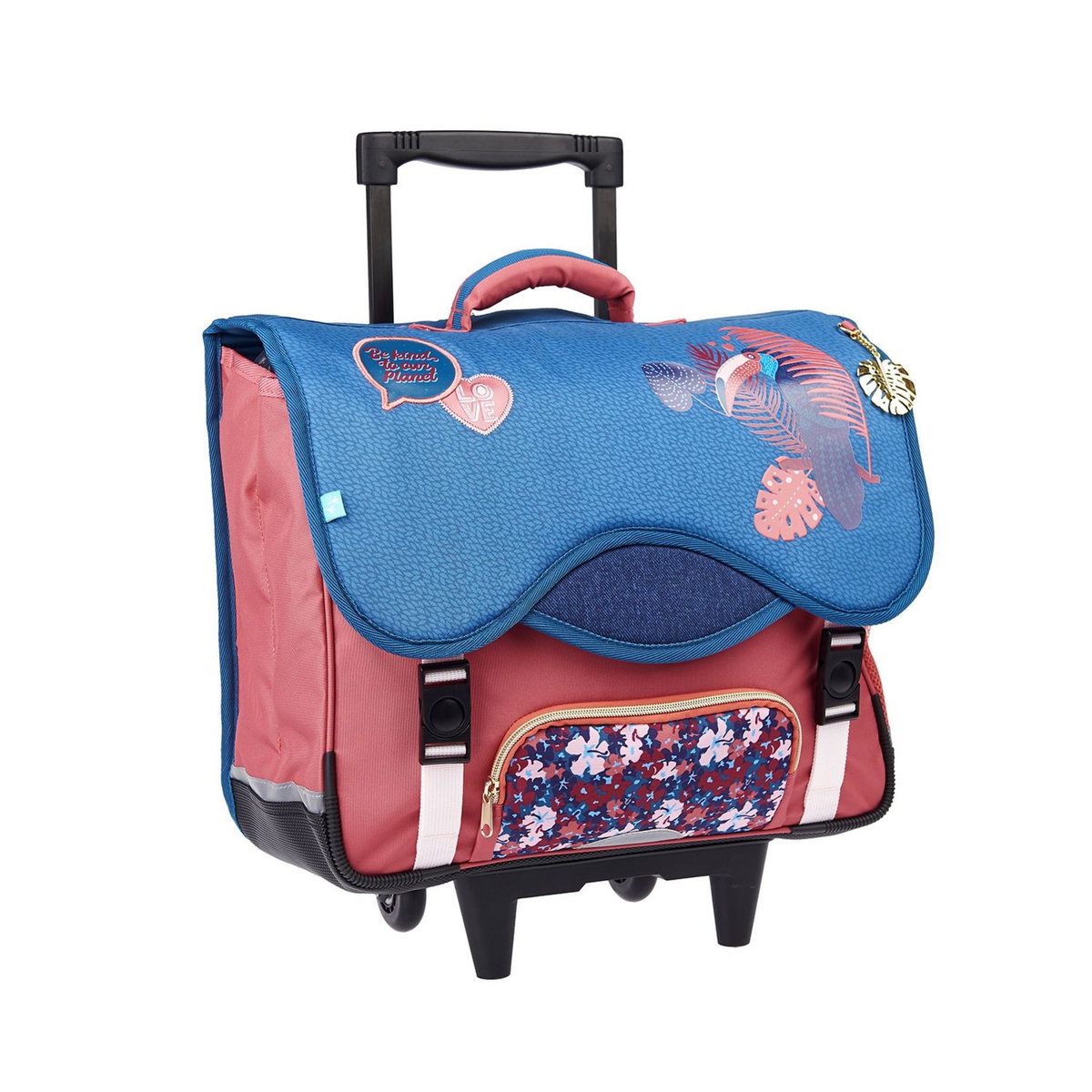 AUCHAN Cartable à roulettes 41 cm CM1/CM2 multicolore avec breloque NATURE LOVER