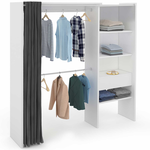 ID MARKET Dressing extensible MARTY 120/170 x 50 x 180 cm blanc avec étagères + double penderie + rideau gris