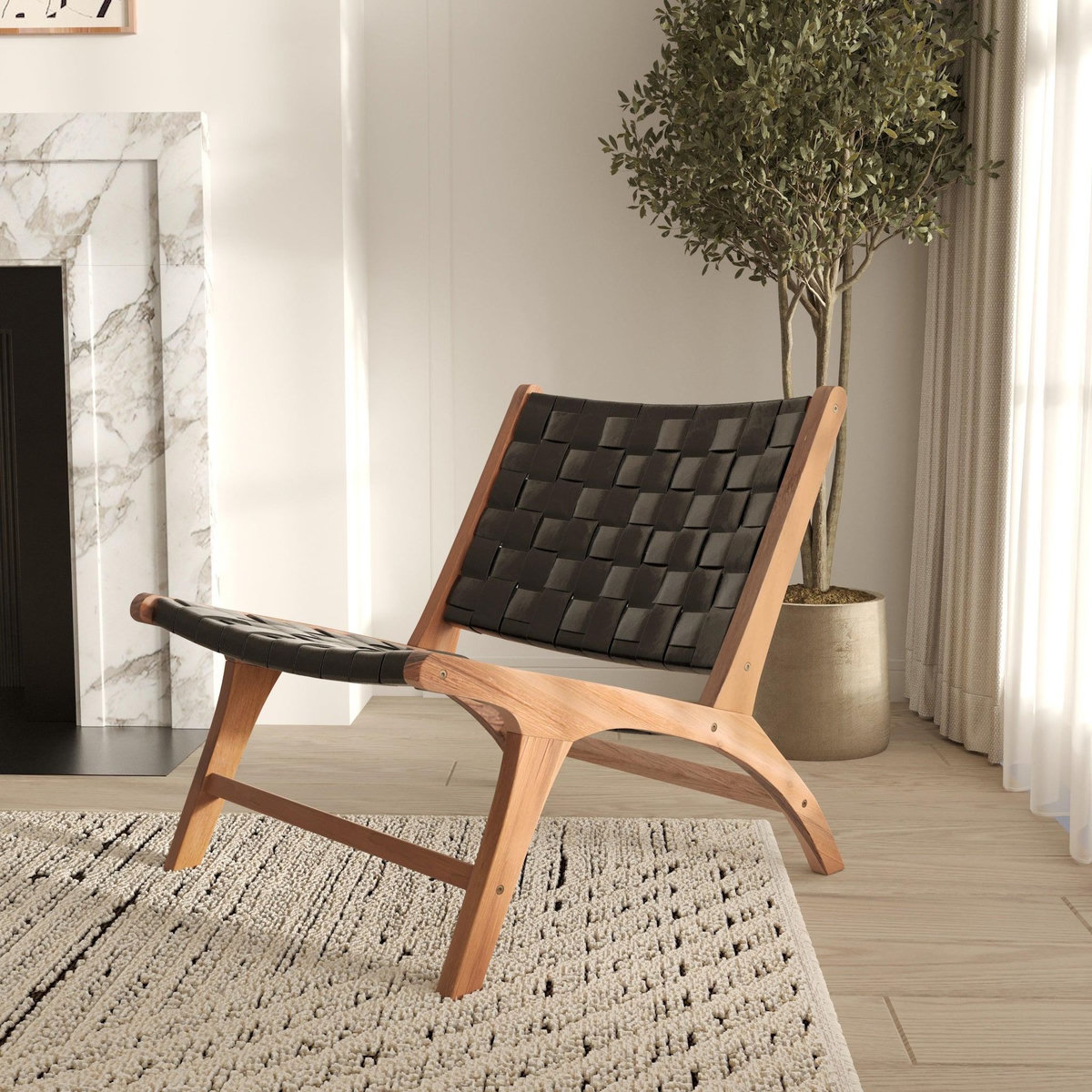 MAISON PAVANE Fauteuil en teck et cuir tréssé noir-Kuna