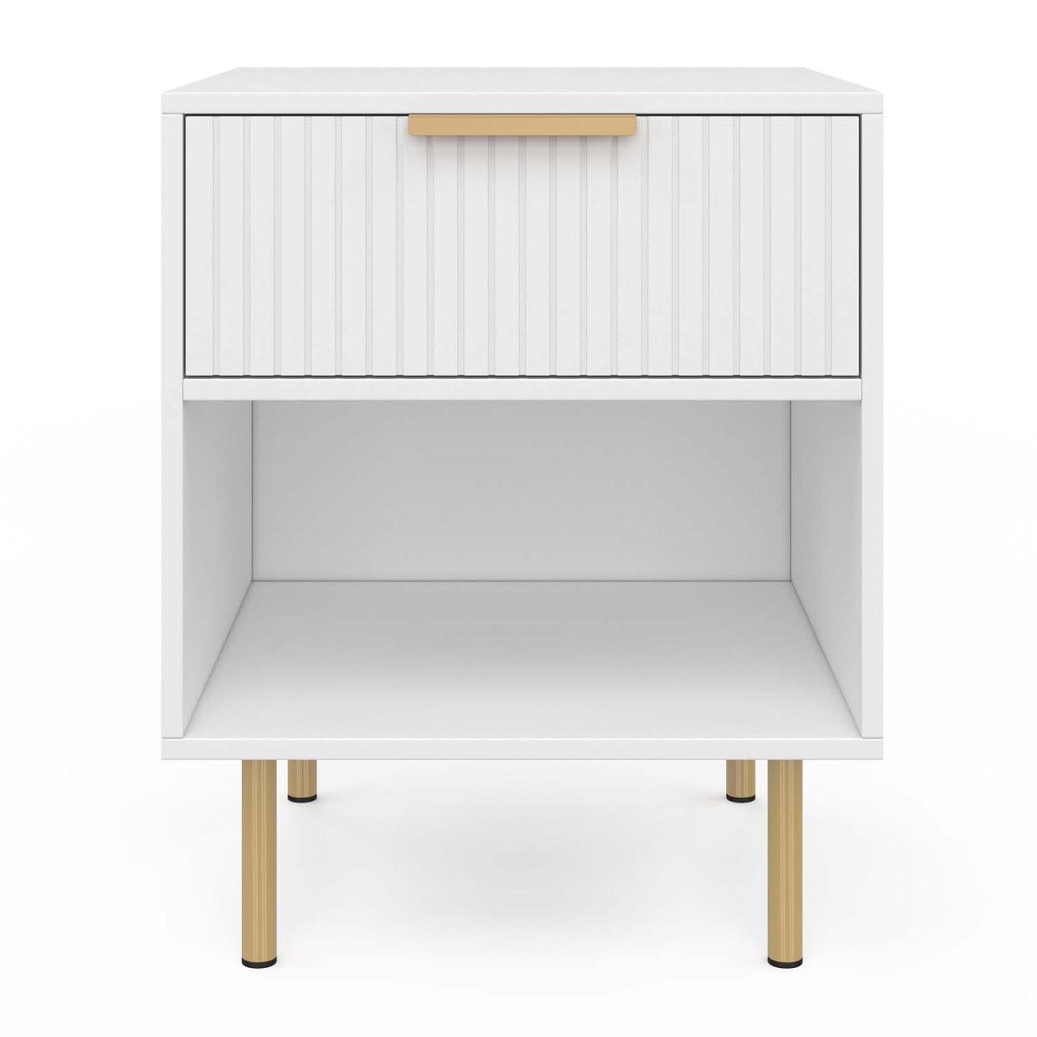 Voir la diapositive 3 : ID MARKET Lot de 2 tables de chevet MARCEL 1 tiroir avec niche effet lattes blanc et doré