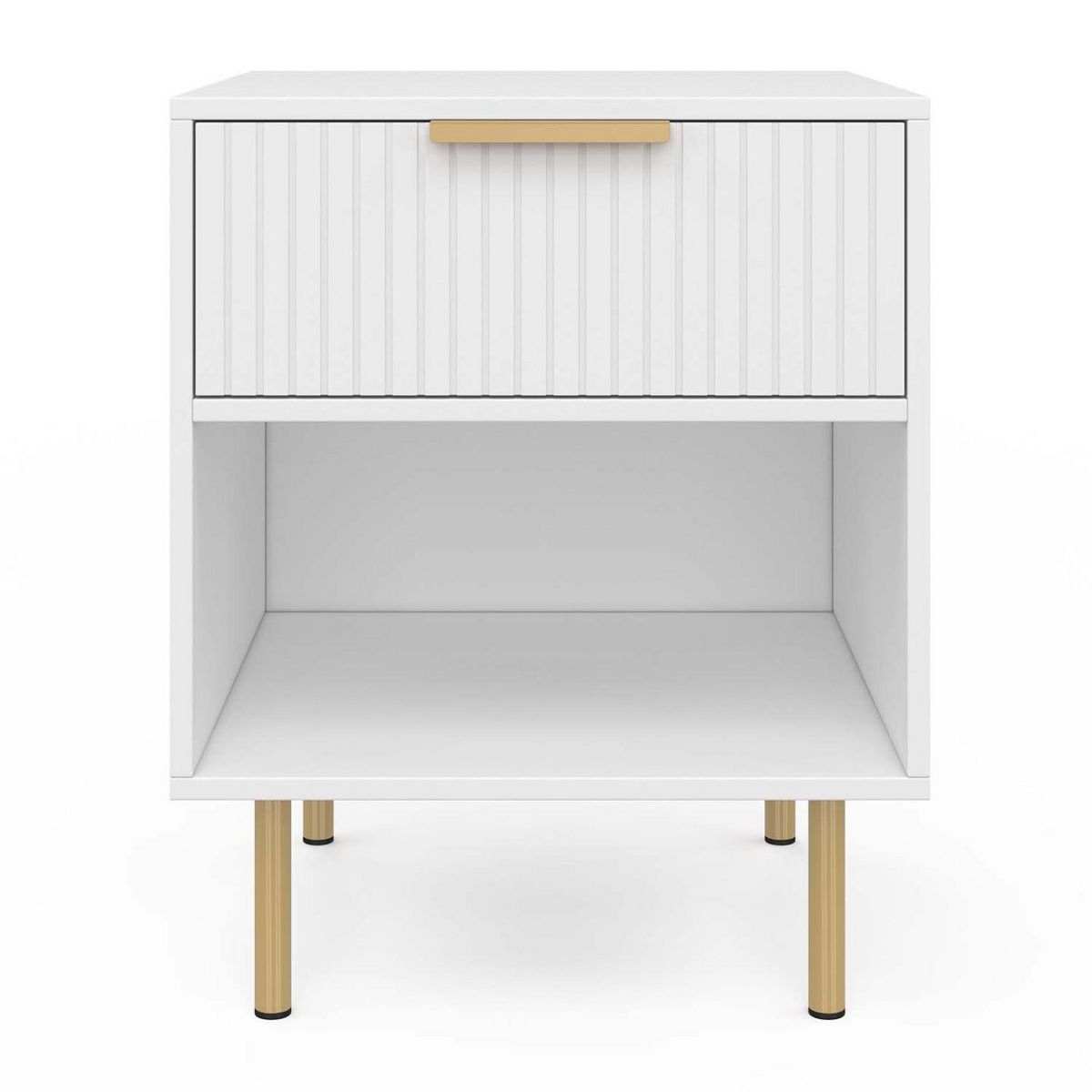 ID MARKET Lot de 2 tables de chevet MARCEL 1 tiroir avec niche effet lattes blanc et doré