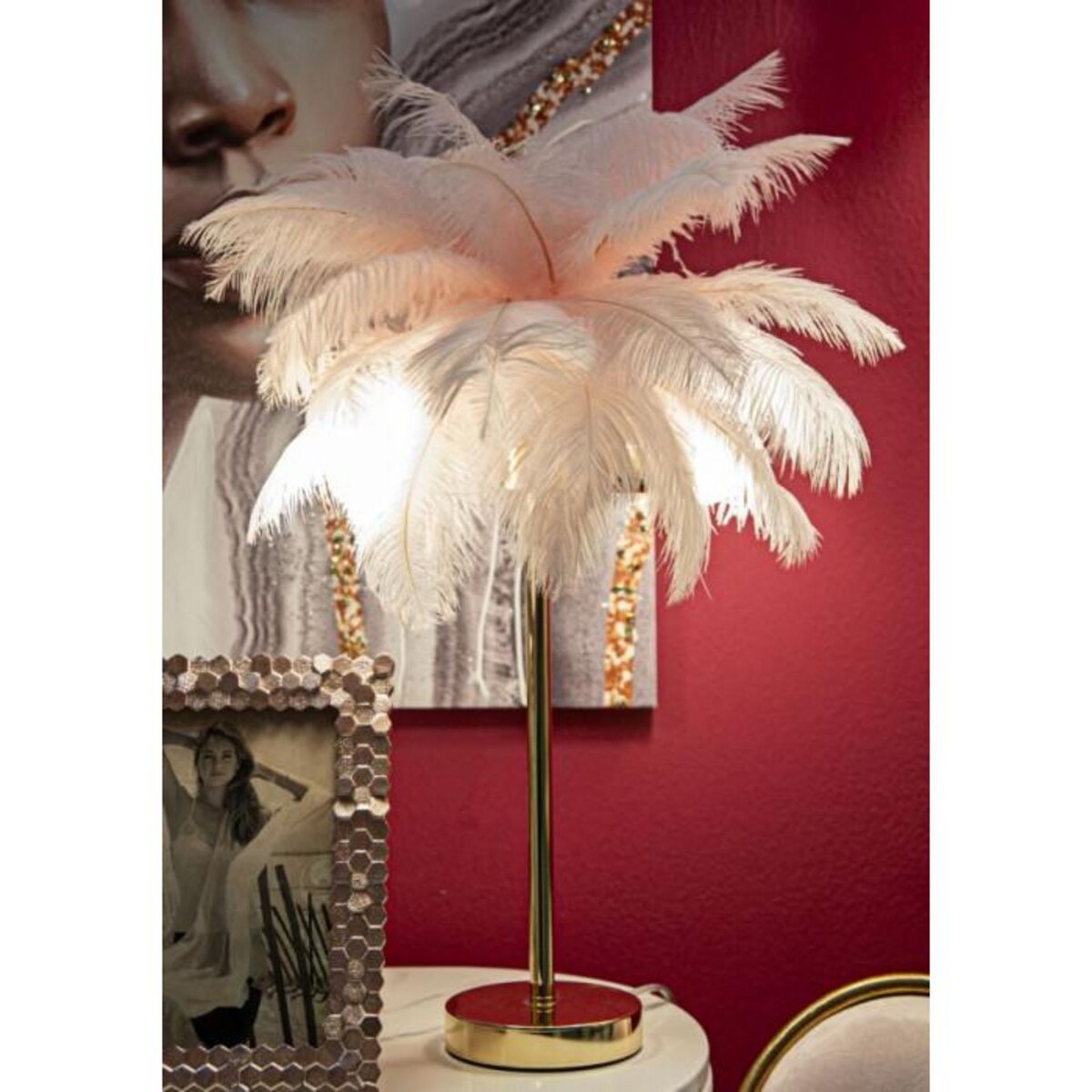 Paris Prix Lampe à Poser Imitation Plume  Palm  60cm Or & Rose