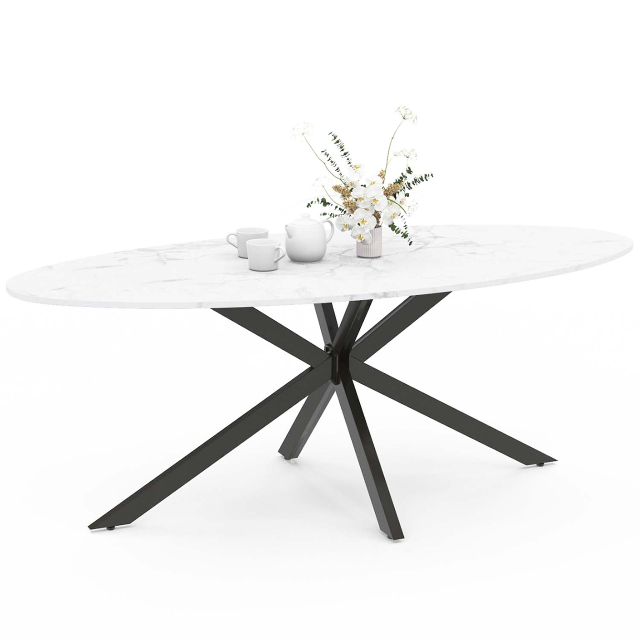 ID MARKET Table à manger ovale alix 10 personnes pied araignée noir et plateau effet marbre blanc alaska 200 cm