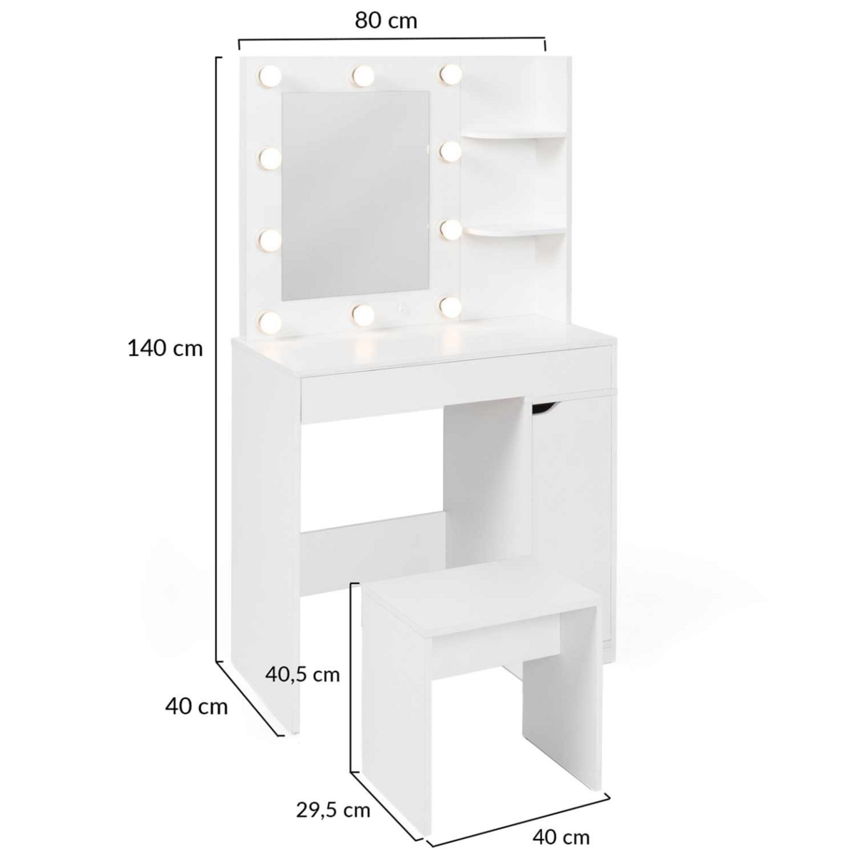 ID MARKET Coiffeuse ZELIA miroir LED avec 1 tiroir, étagères, caisson de rangement et tabouret