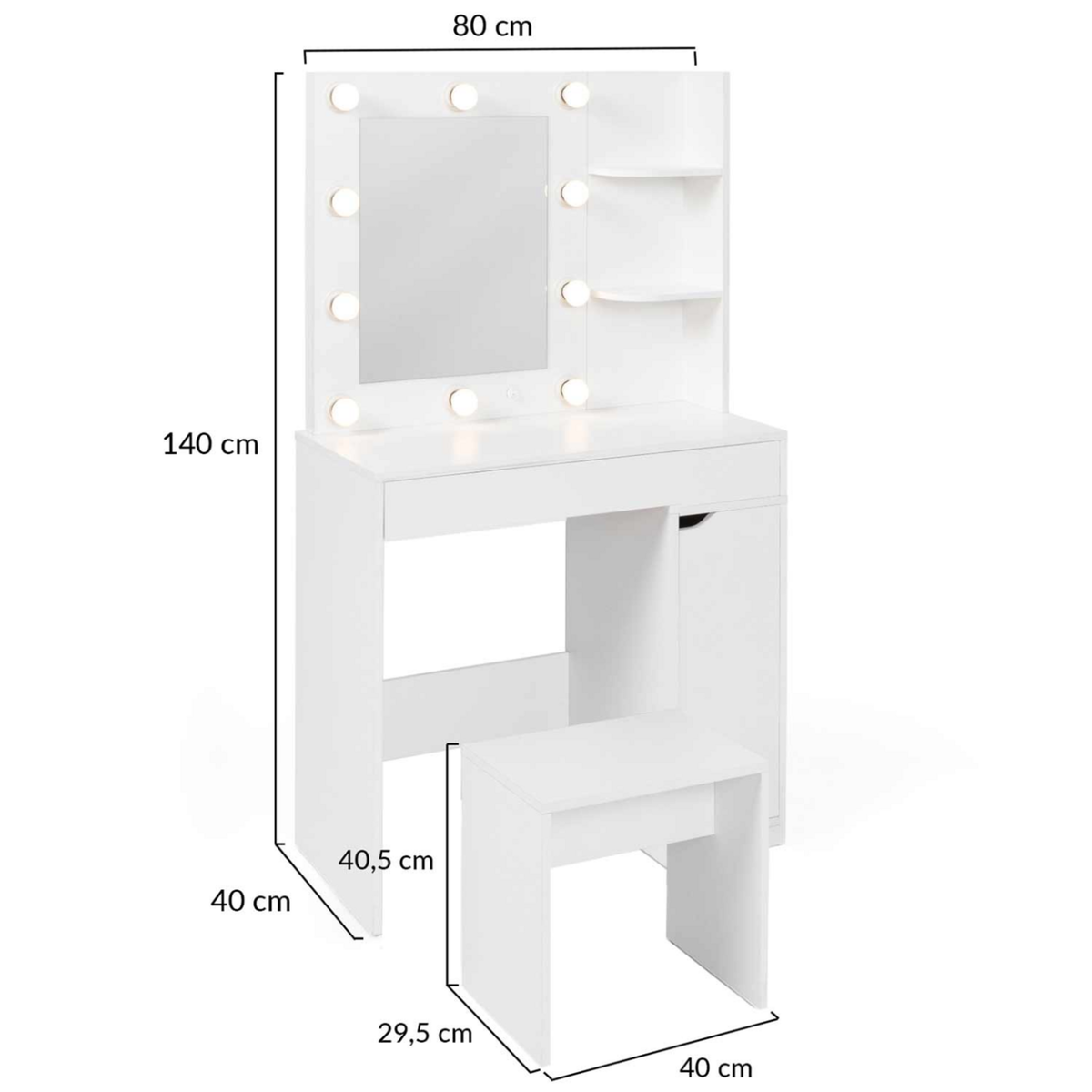 ID MARKET Coiffeuse ZELIA miroir LED avec 1 tiroir, étagères, caisson de rangement et tabouret