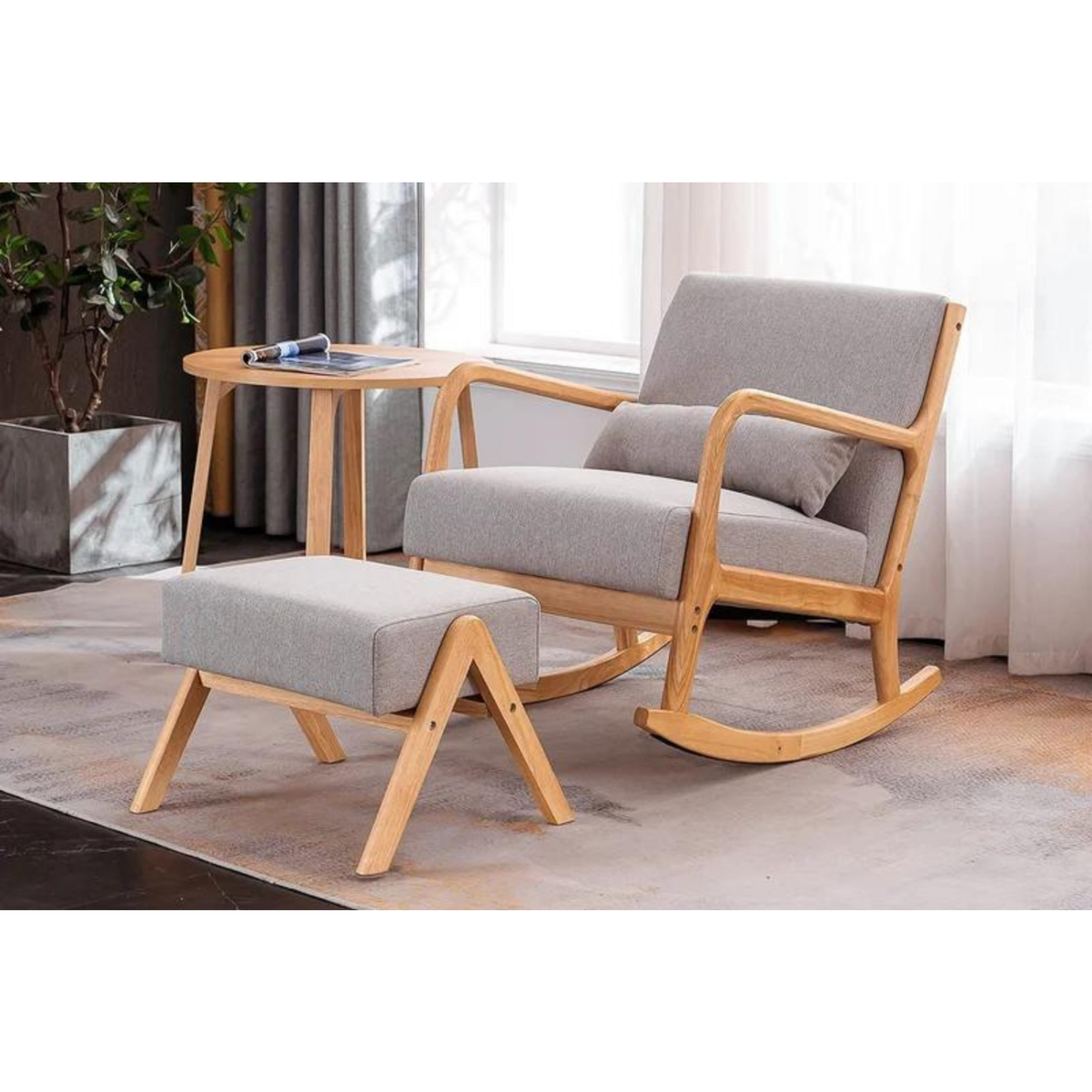 CONCEPT USINE Rocking Chair + pouf scandinave en bois et tissu gris HOLMES