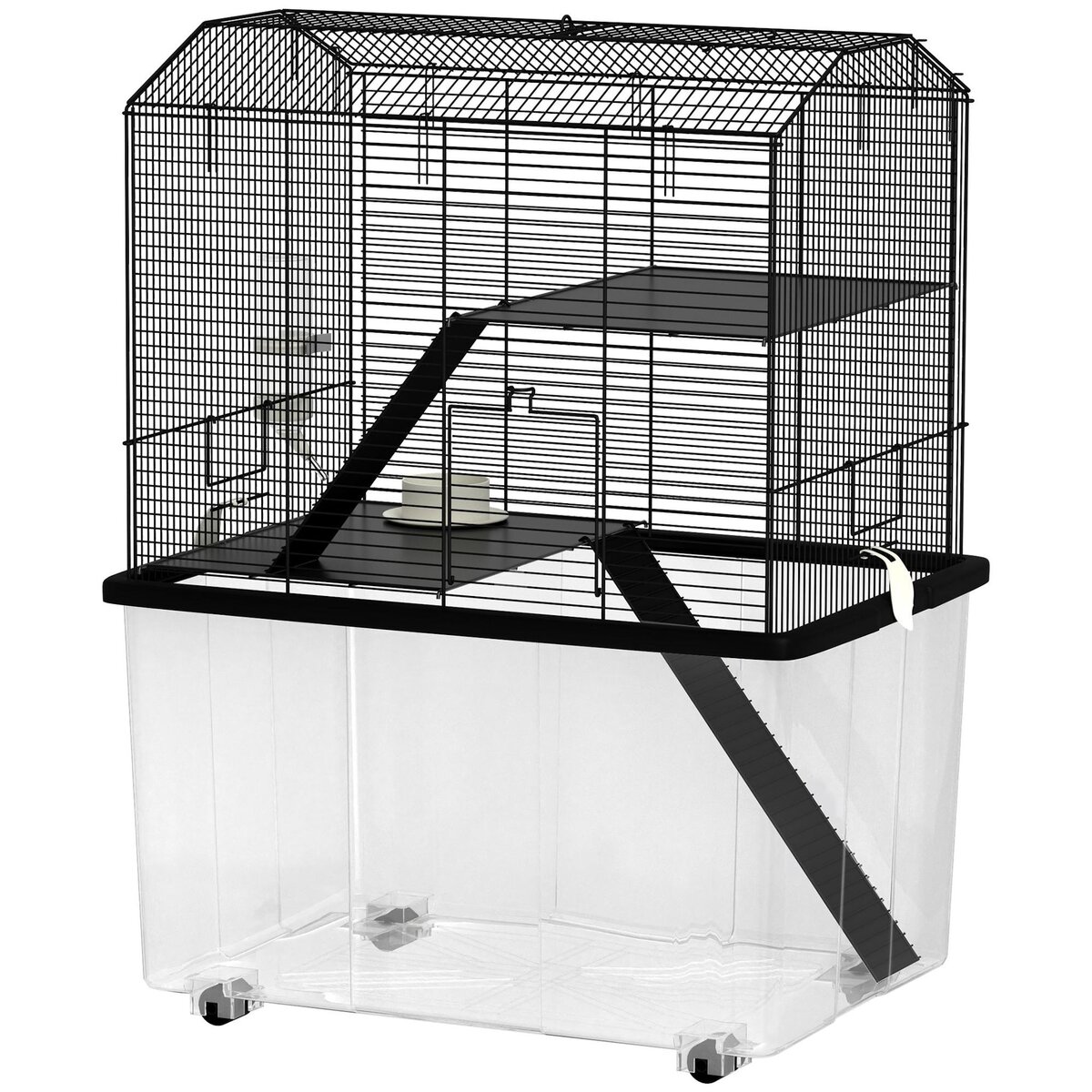 PAWHUT Cage rongeur hamster 3 étages - roulettes, plateforme, échelle, accessoires - PP transparent acier noir